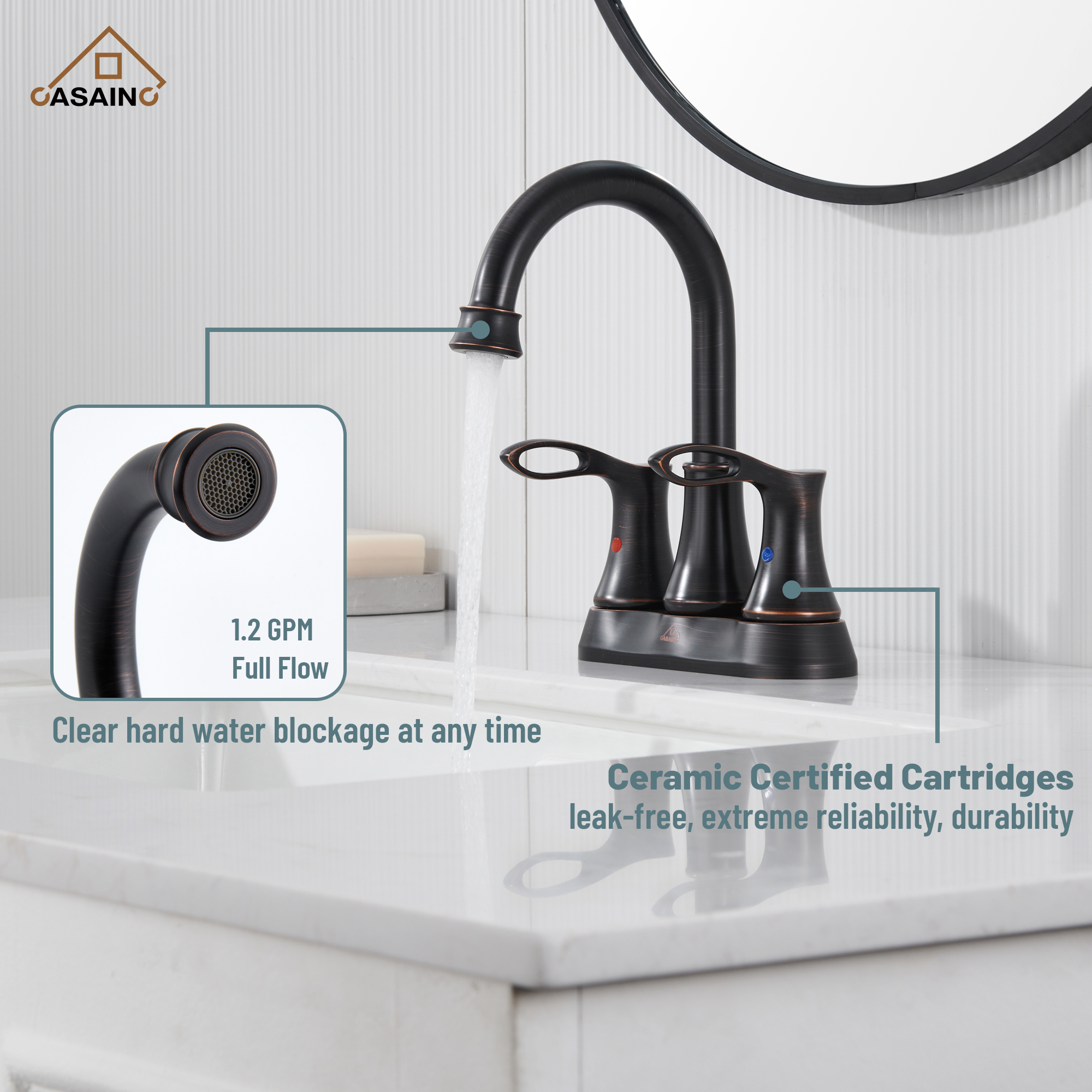 Casainc 4 Inch 2-Handle Centerset Bathroom Sink Faucet 360° Swivel Spout Vanity Faucet