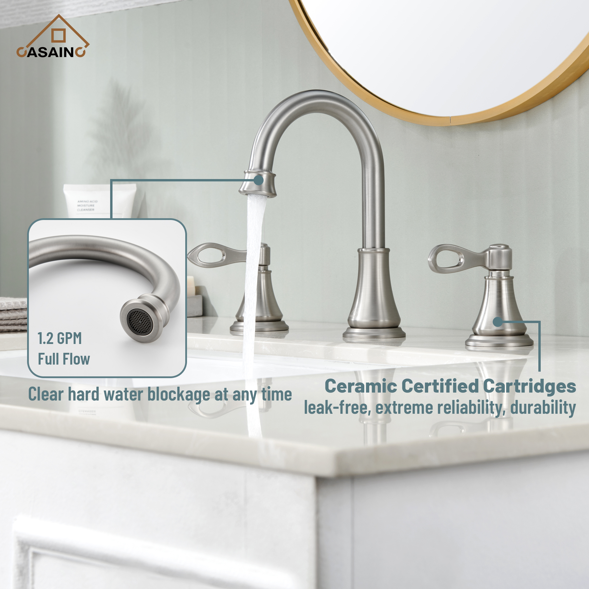 Casainc 8" Brass Bathroom Sink Faucet 3 Hole Gold Bathroom Faucet  2 Handle Gold Faucet for Bathroom Sink with Pop-up Drain Assembly Widespread Vanity Faucets