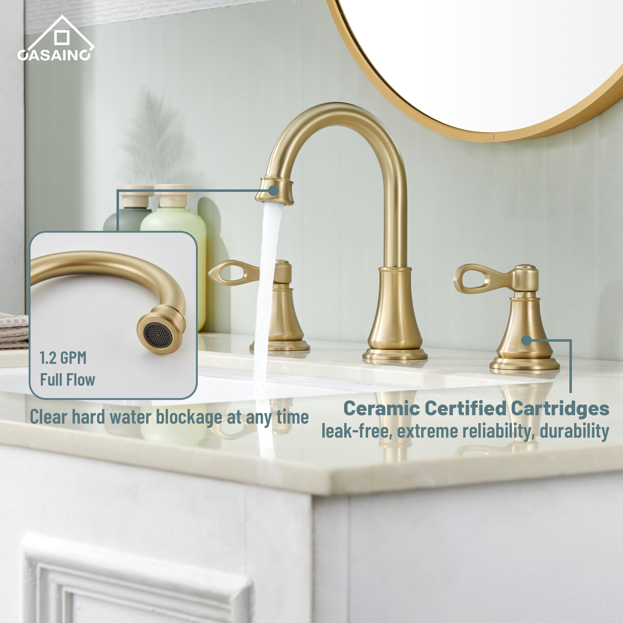 Casainc 8" Brass Bathroom Sink Faucet 3 Hole Gold Bathroom Faucet  2 Handle Gold Faucet for Bathroom Sink with Pop-up Drain Assembly Widespread Vanity Faucets