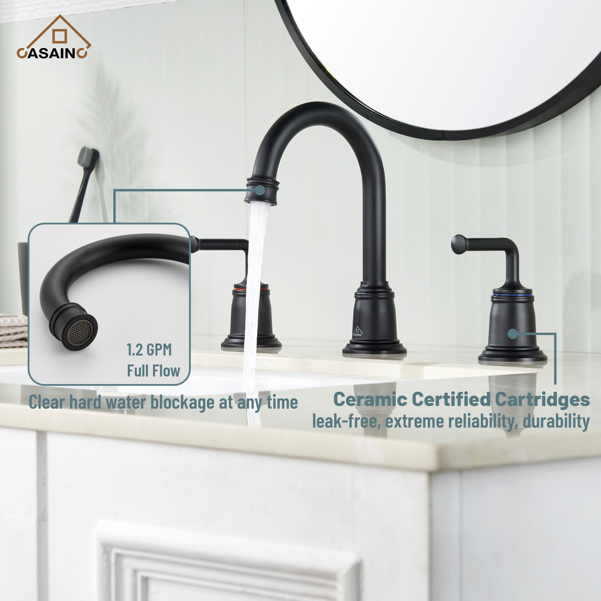 Casainc 8" Brass Bathroom Sink Faucet 2 Handle 3 Hole Gold Bathroom Faucet for Bathroom Sink with Pop-up Drain Assembly Widespread Vanity Faucets