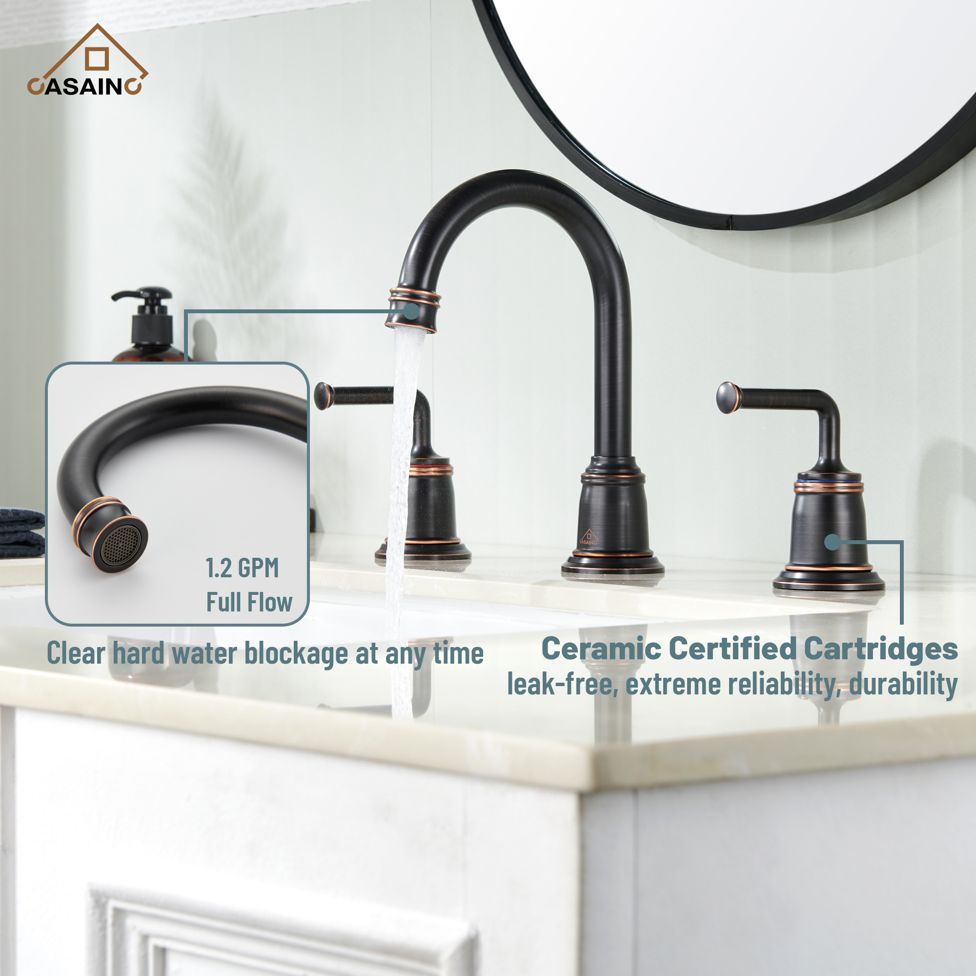 Casainc 8" Brass Bathroom Sink Faucet 2 Handle 3 Hole Gold Bathroom Faucet for Bathroom Sink with Pop-up Drain Assembly Widespread Vanity Faucets