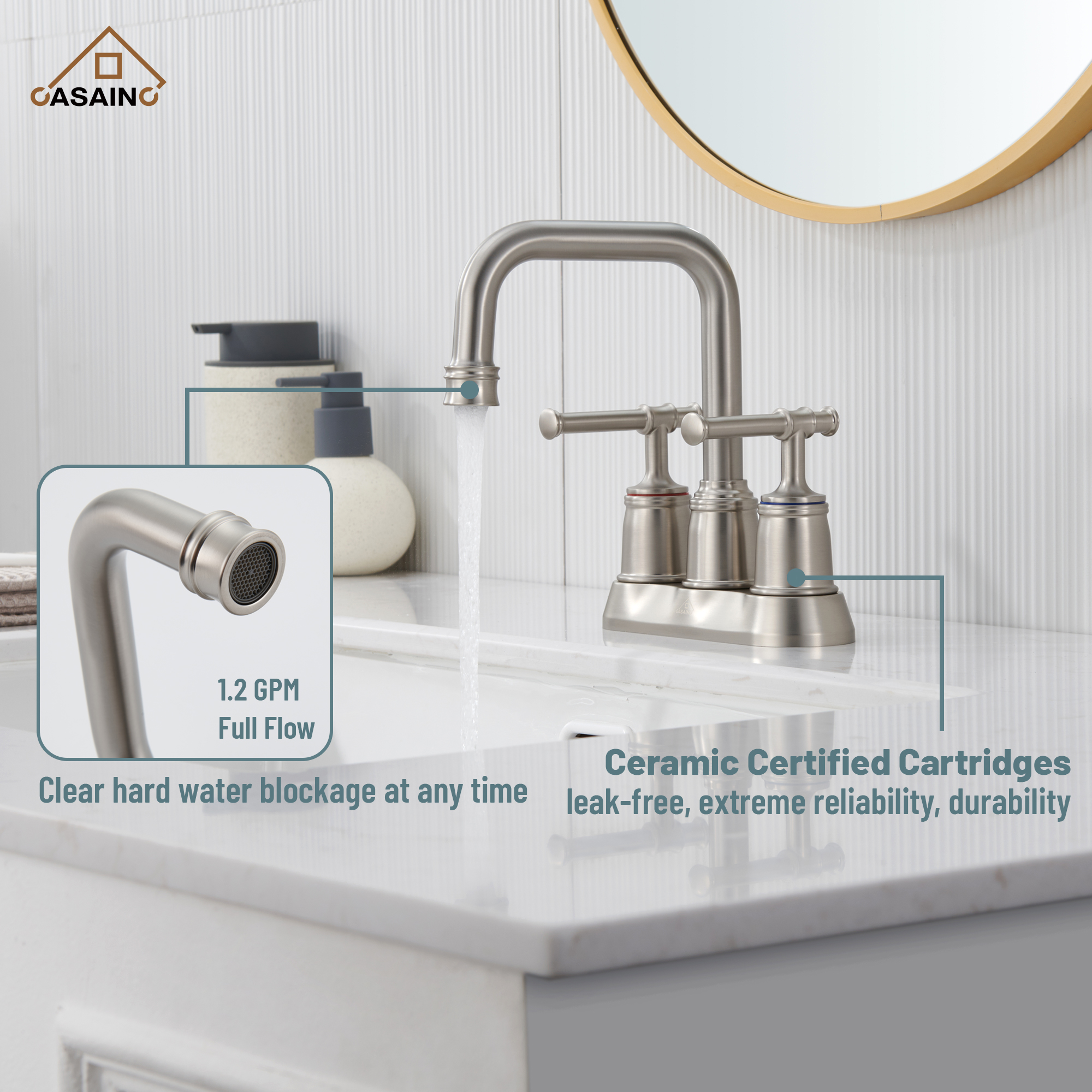 Casainc 4 Inch 2-Handle Centerset for Bathroom Sink Vanity Faucet 360° Swivel Spout