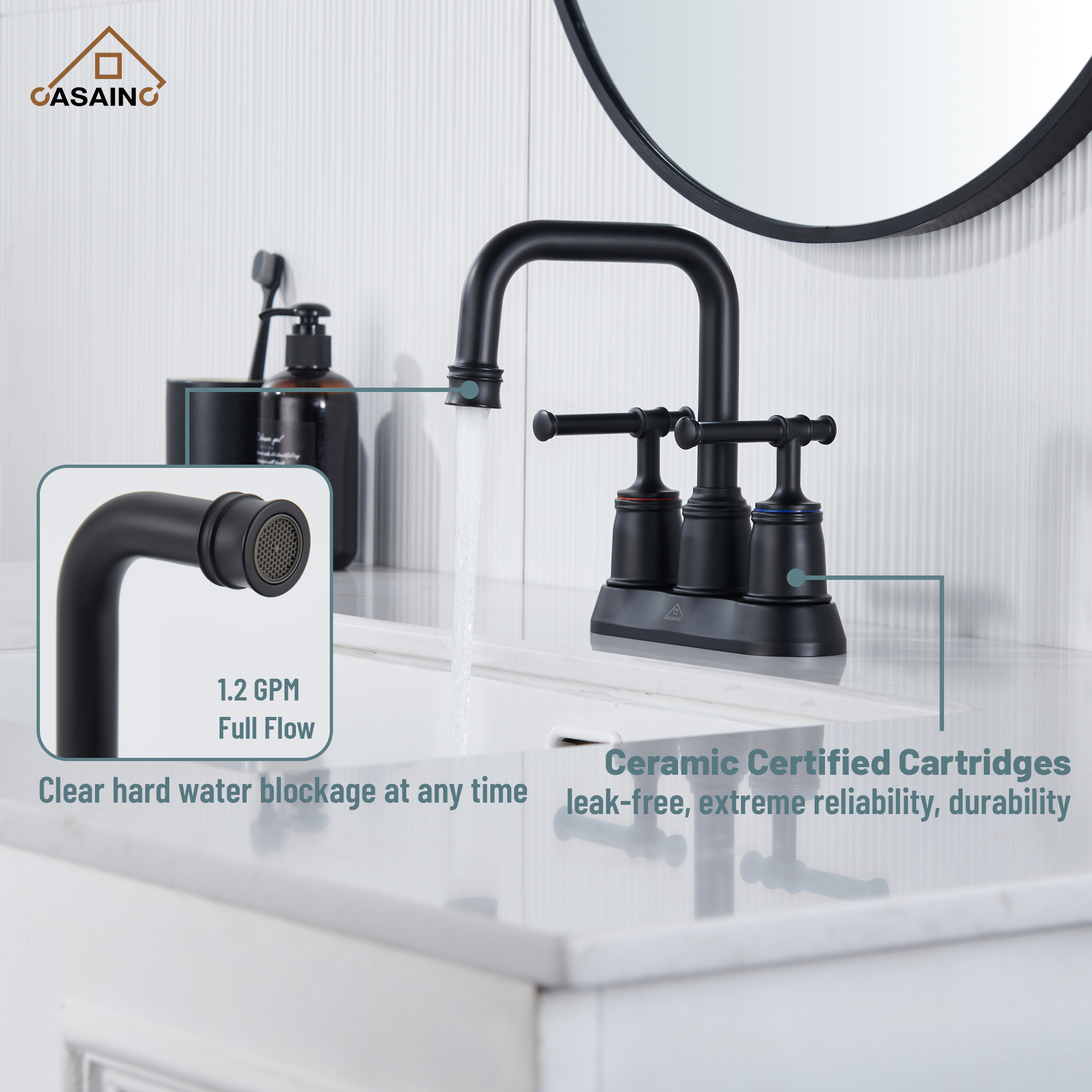 Casainc 4 Inch 2-Handle Centerset for Bathroom Sink Vanity Faucet 360° Swivel Spout
