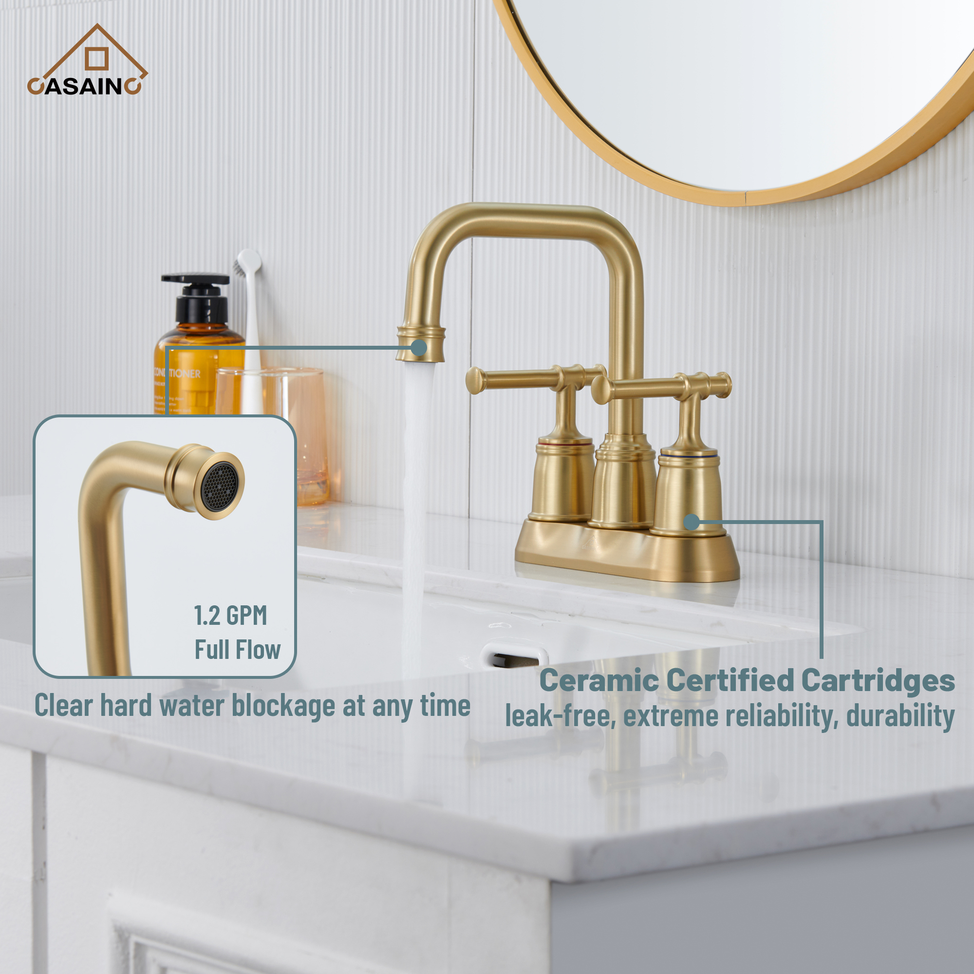 Casainc 4 Inch 2-Handle Centerset for Bathroom Sink Vanity Faucet 360° Swivel Spout