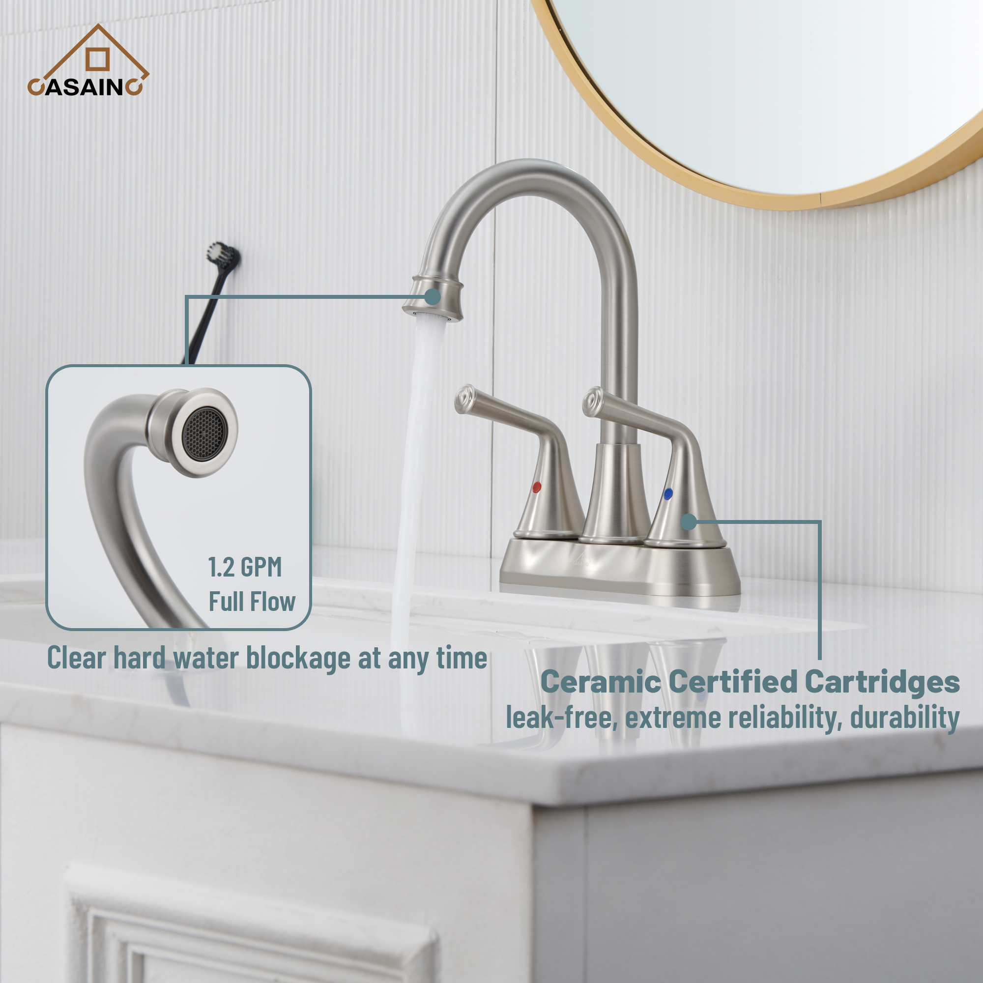 Casainc 4 Inch 2-Handle Centerset Bathroom Faucet for Bathroom Sink Vanity Faucet 360° Swivel Spout