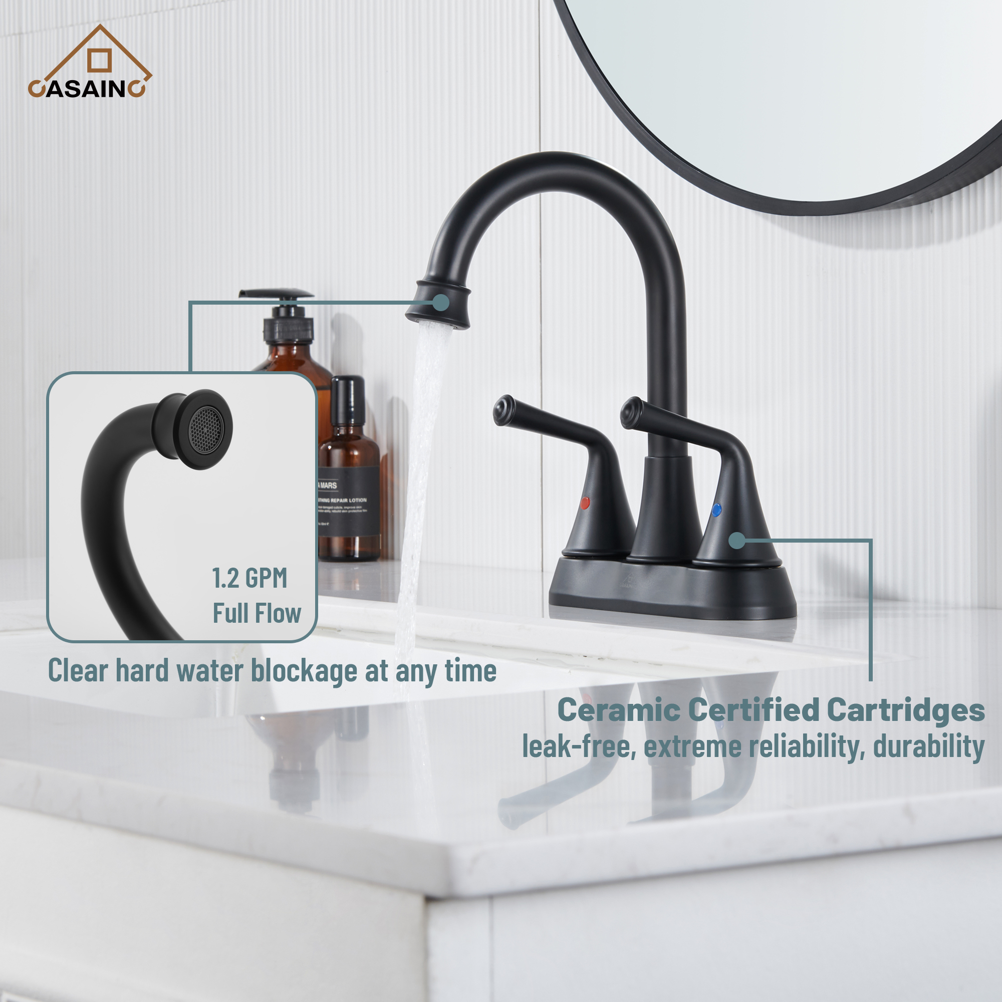 Casainc 4 Inch 2-Handle Centerset Bathroom Faucet for Bathroom Sink Vanity Faucet 360° Swivel Spout