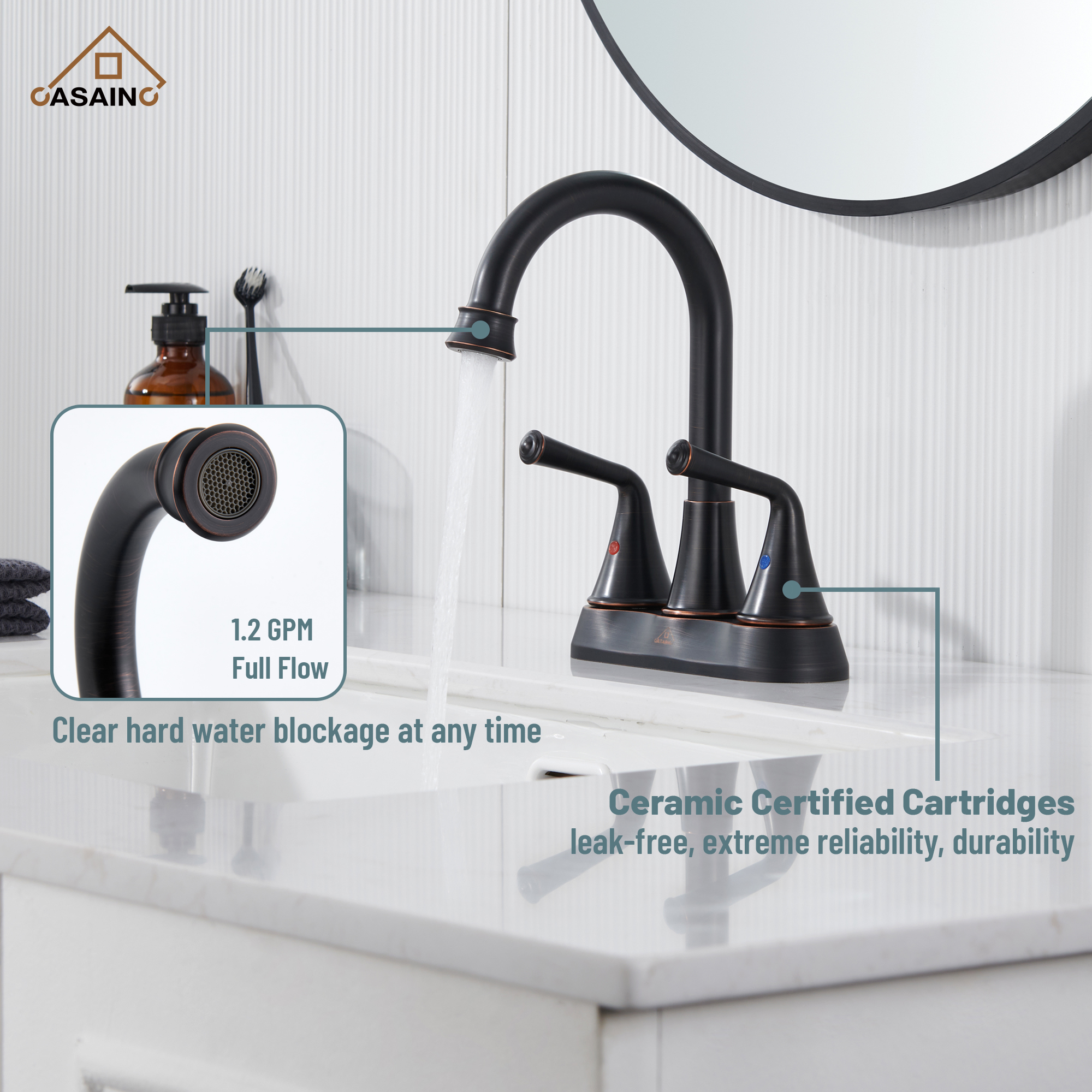 Casainc 4 Inch 2-Handle Centerset Bathroom Faucet for Bathroom Sink Vanity Faucet 360° Swivel Spout