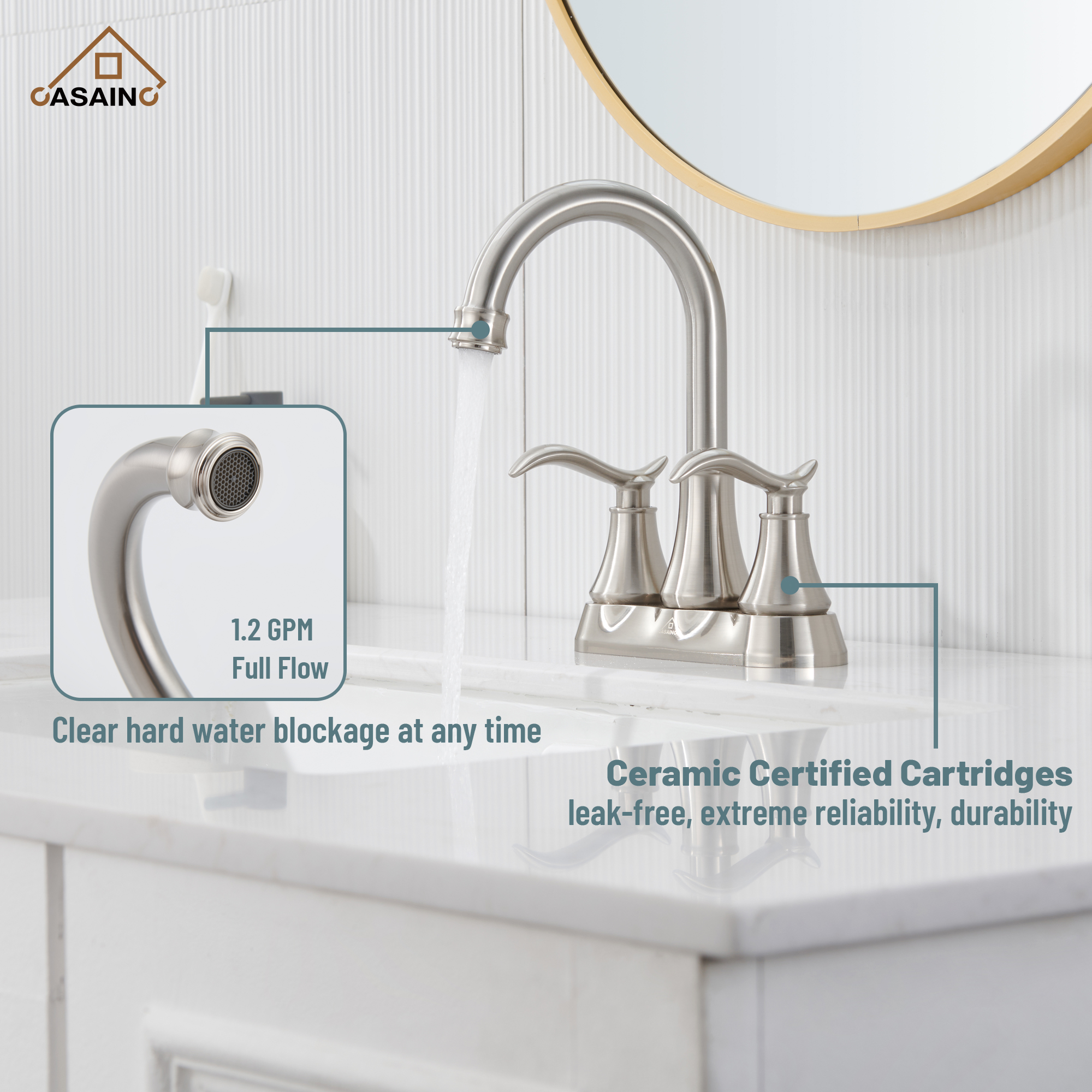 Casainc 2-Handle Centerset Bathroom Faucet for Bathroom Sink Vanity Faucet 360° Swivel Spout