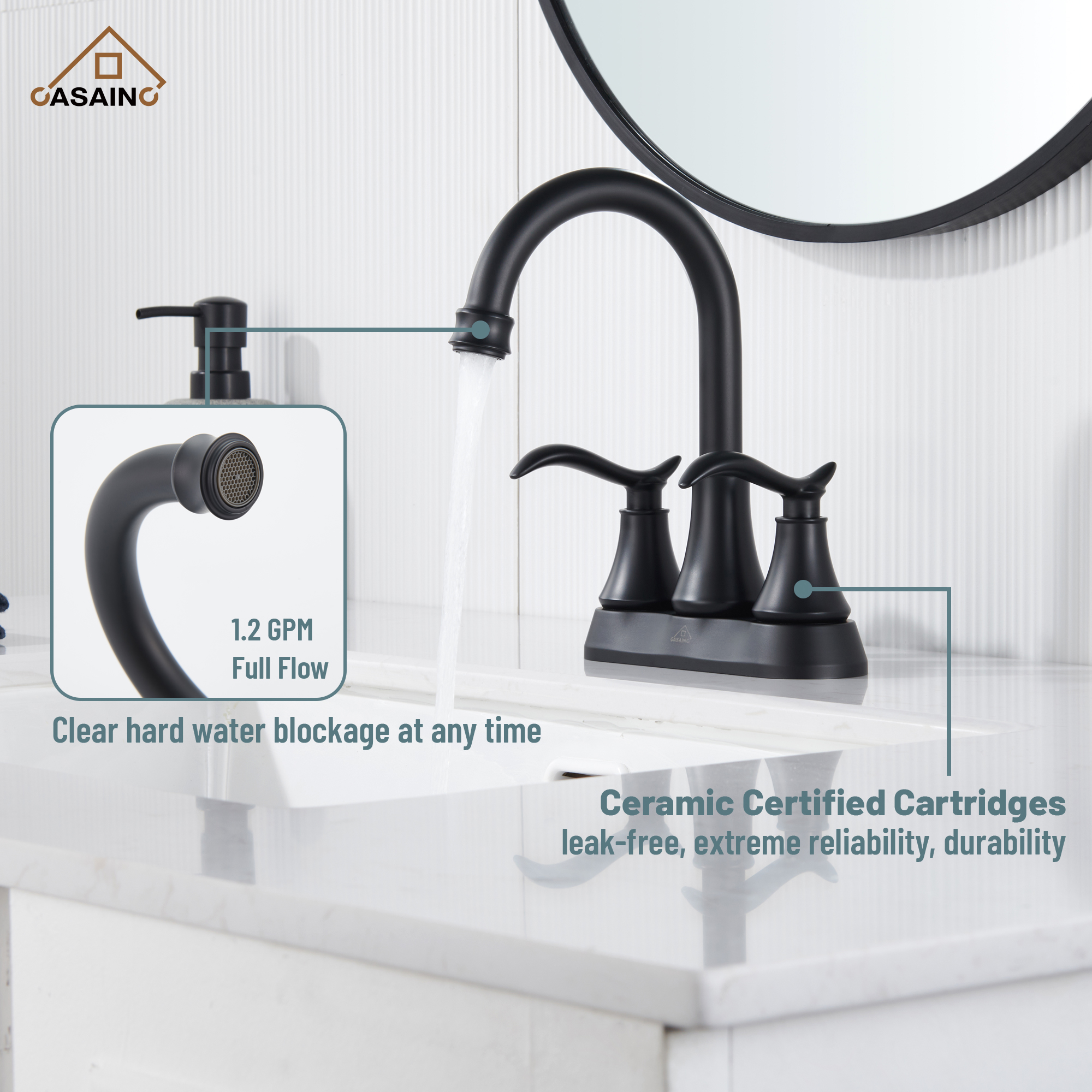 Casainc 2-Handle Centerset Bathroom Faucet for Bathroom Sink Vanity Faucet 360° Swivel Spout