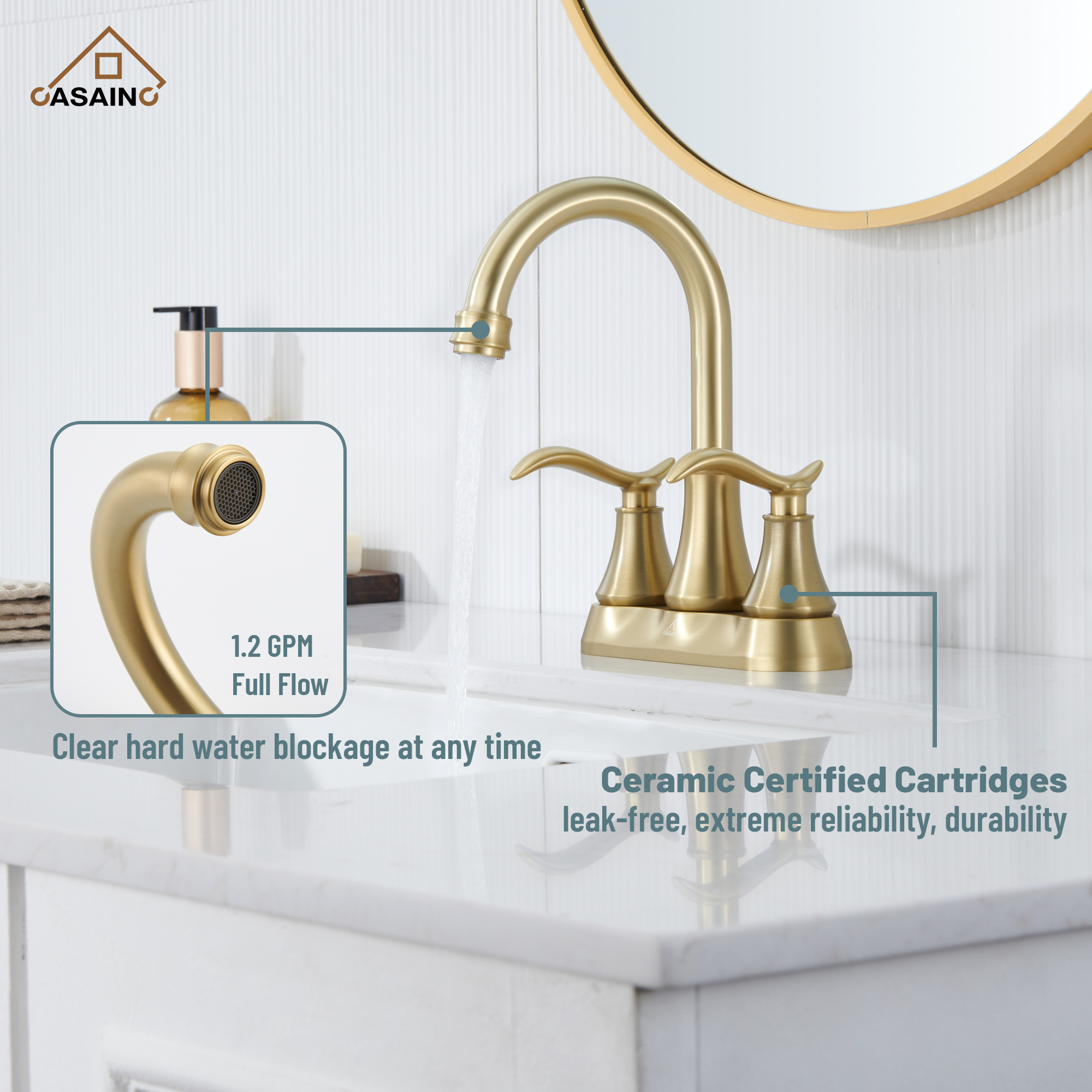 Casainc 2-Handle Centerset Bathroom Faucet for Bathroom Sink Vanity Faucet 360° Swivel Spout