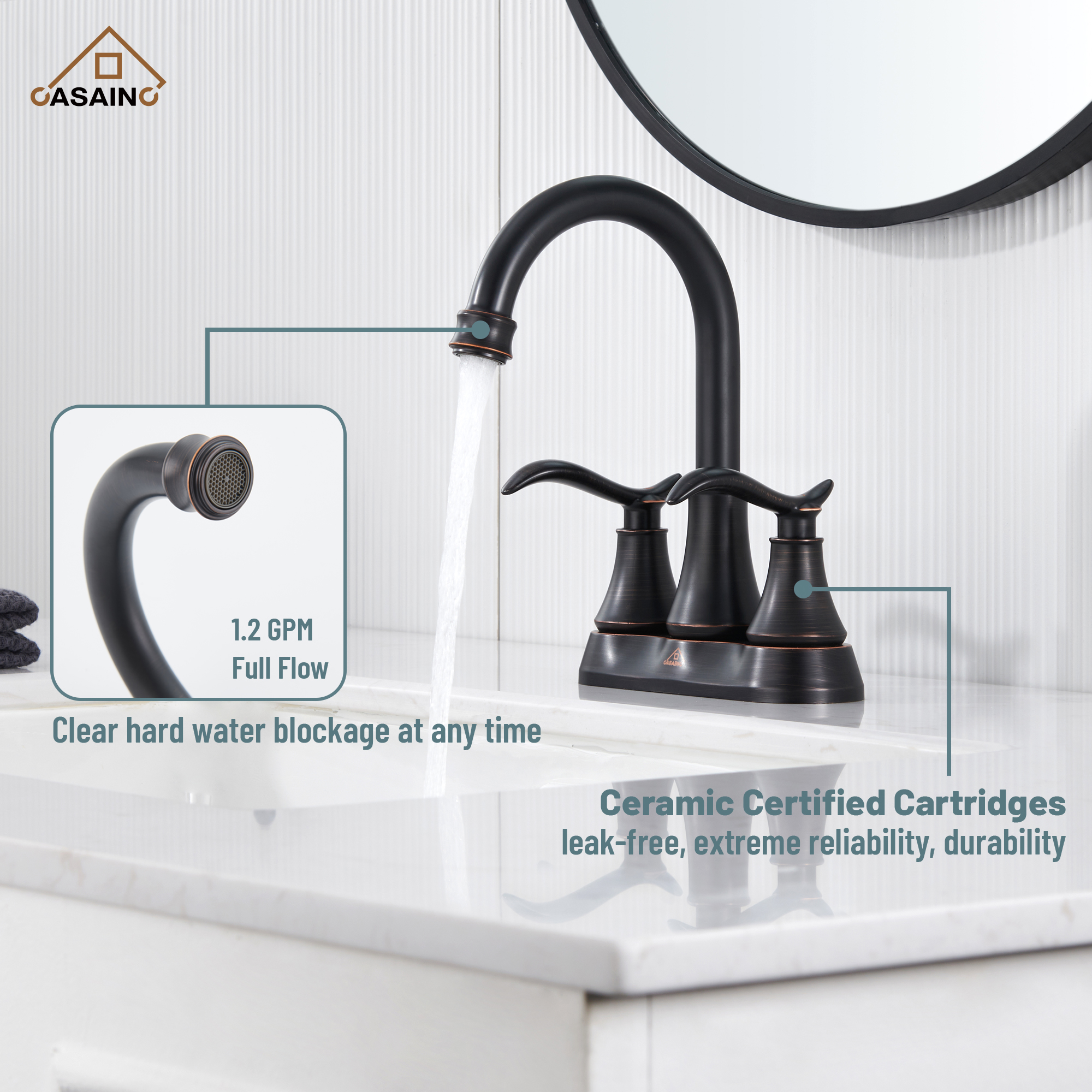 Casainc 2-Handle Centerset Bathroom Faucet for Bathroom Sink Vanity Faucet 360° Swivel Spout