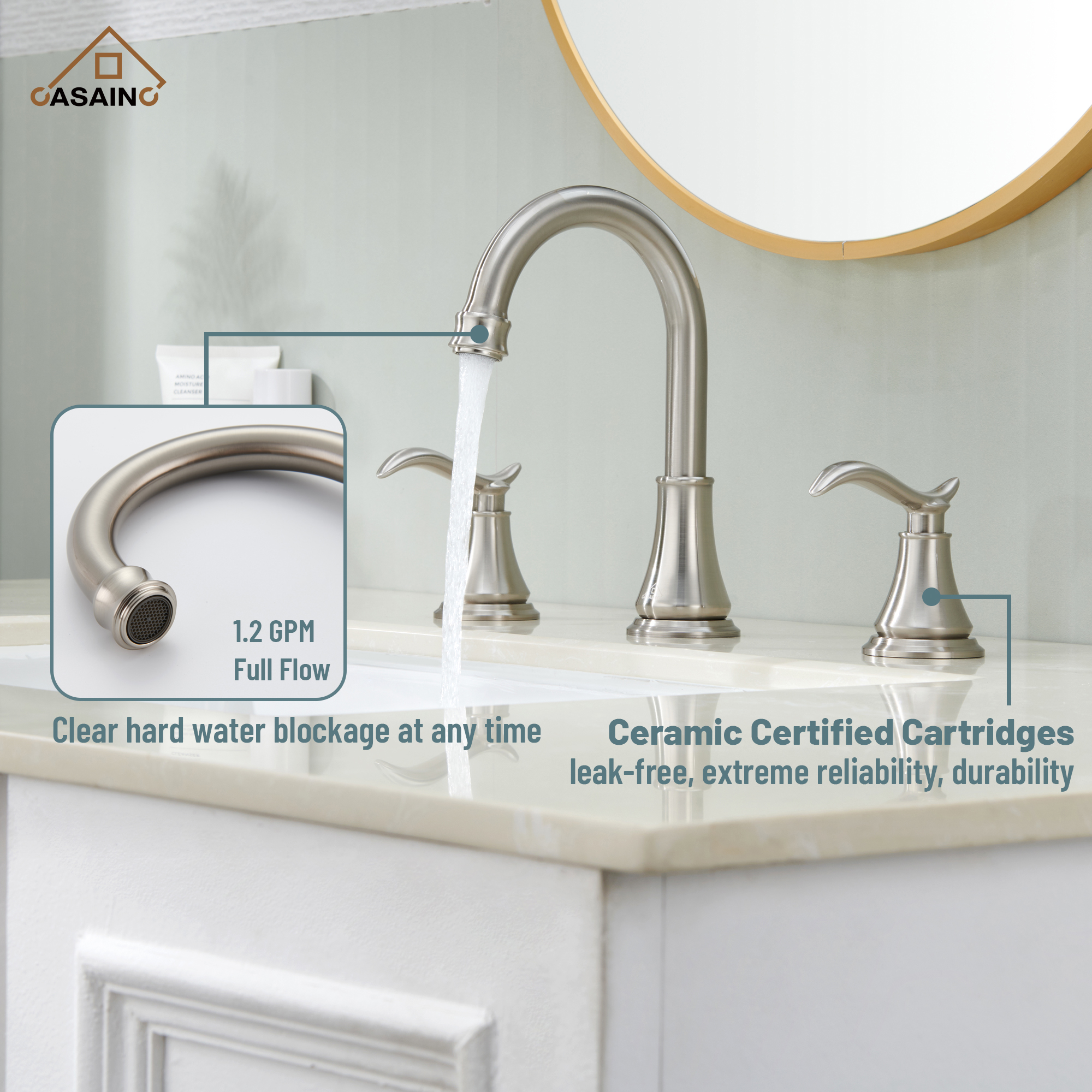 Casainc 8" Brass Bathroom Sink Faucet 2 Handle 3 Hole Gold Bathroom Faucet for Bathroom Sink with Pop-up Drain Assembly Widespread Vanity Faucets 360° Swivel Spout