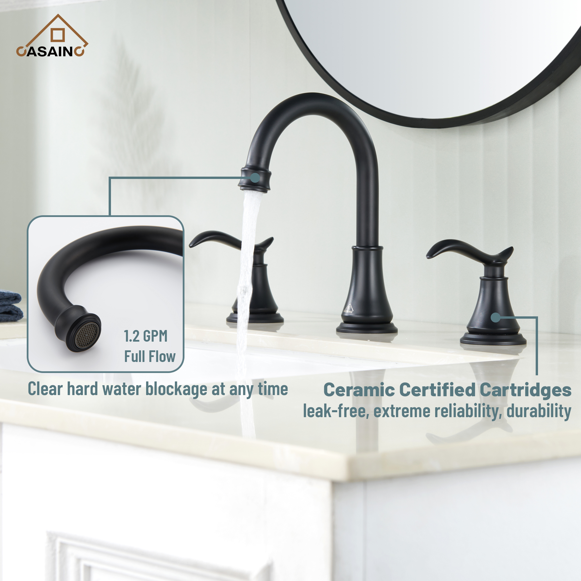 Casainc 8" Brass Bathroom Sink Faucet 2 Handle 3 Hole Gold Bathroom Faucet for Bathroom Sink with Pop-up Drain Assembly Widespread Vanity Faucets 360° Swivel Spout