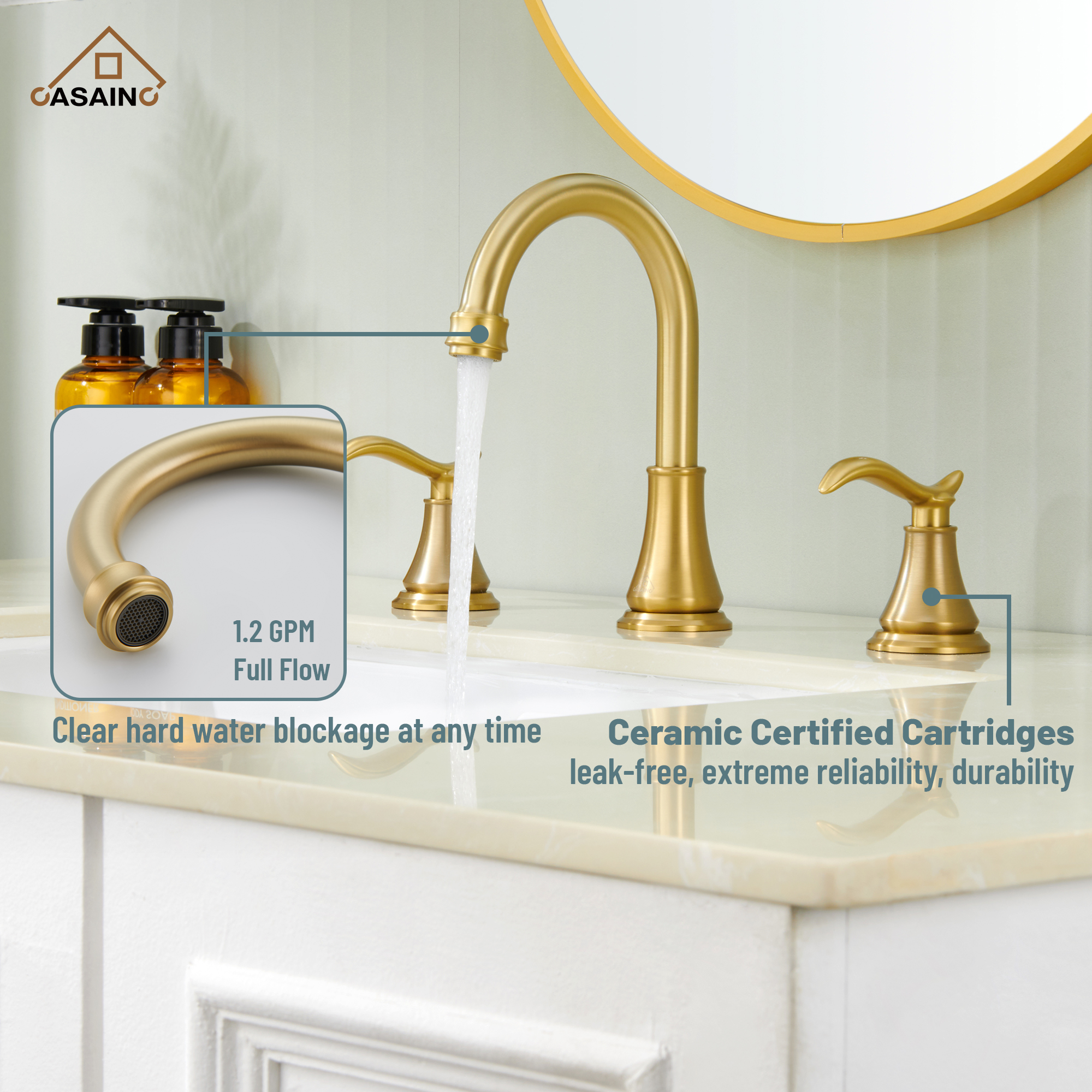 Casainc 8" Brass Bathroom Sink Faucet 2 Handle 3 Hole Gold Bathroom Faucet for Bathroom Sink with Pop-up Drain Assembly Widespread Vanity Faucets 360° Swivel Spout