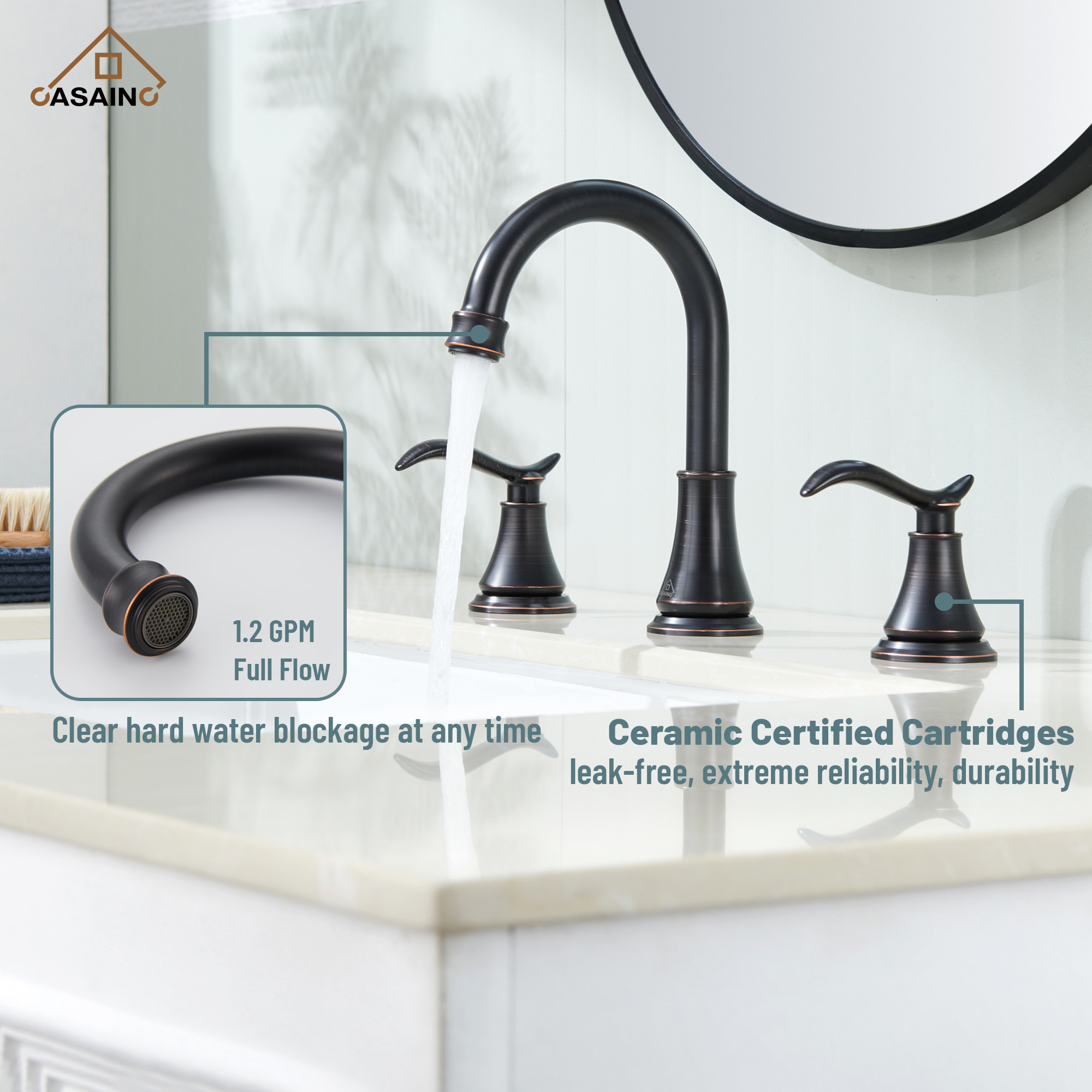 Casainc 8" Brass Bathroom Sink Faucet 2 Handle 3 Hole Gold Bathroom Faucet for Bathroom Sink with Pop-up Drain Assembly Widespread Vanity Faucets 360° Swivel Spout