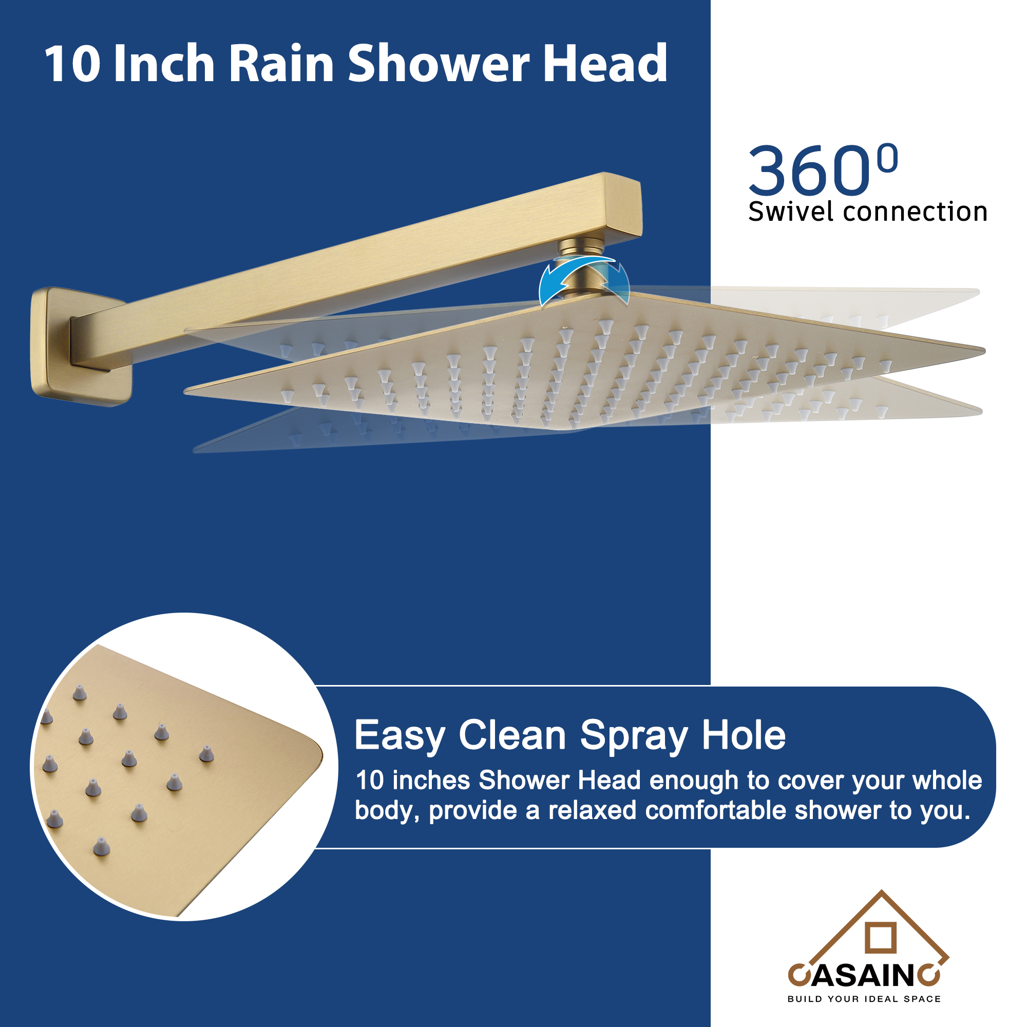 10" Brushed Gold Shower System Wall/Ceiling Mount Rain Shower System