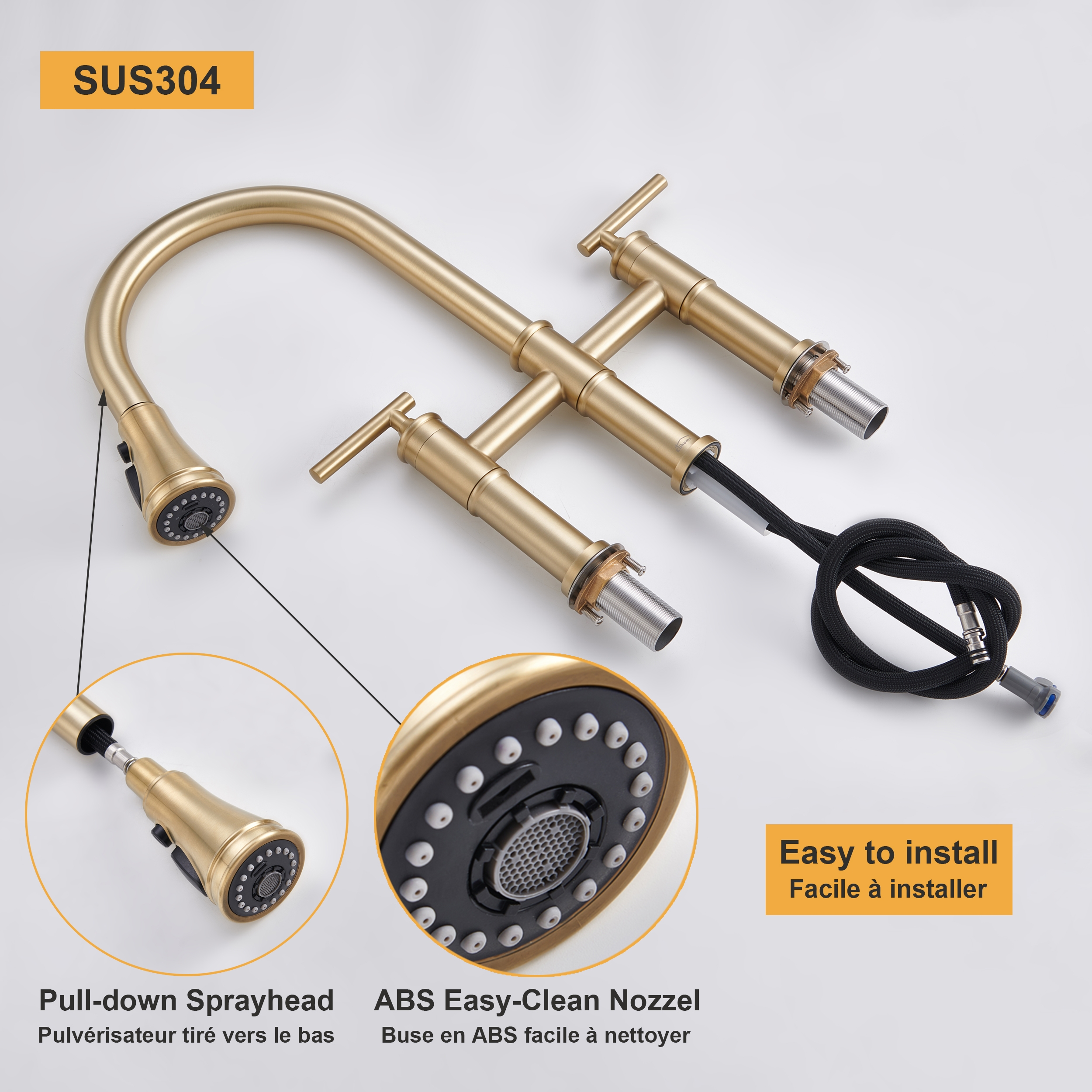 Bridge Style Pull-Down Kitchen Faucet with Double Handles & 3-Mode Spray