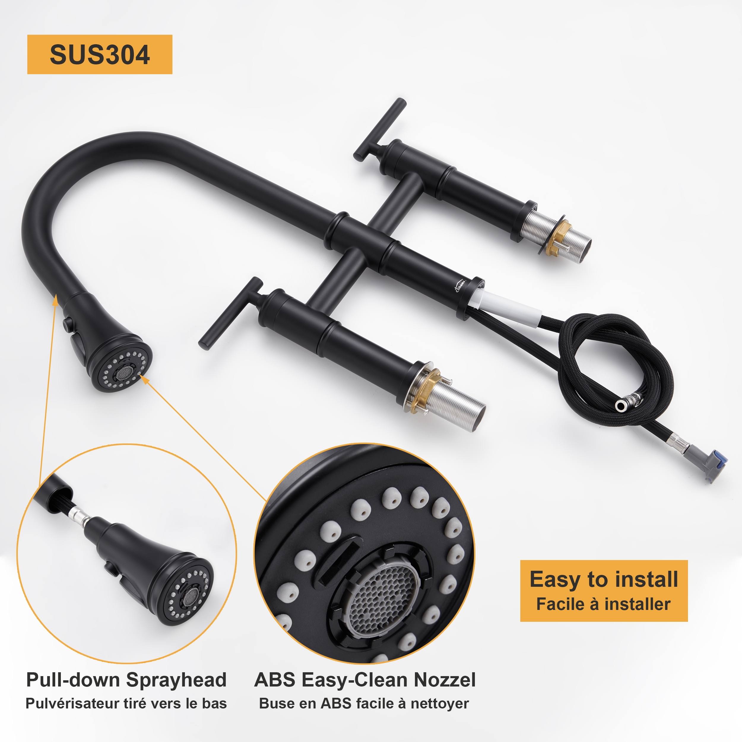 Bridge Style Pull-Down Kitchen Faucet with Double Handles & 3-Mode Spray