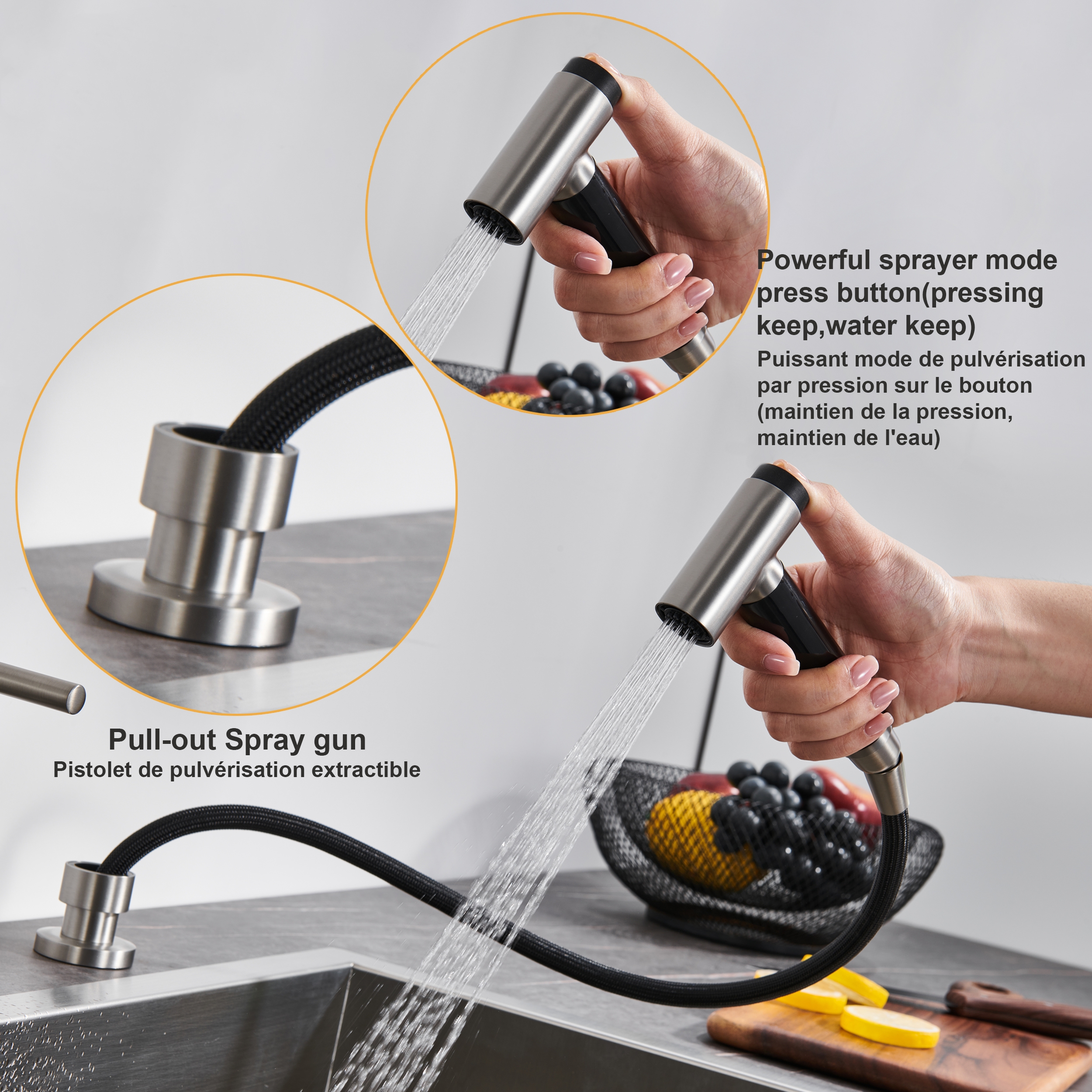 Pull-Down Bridge Kitchen Faucet with Double Handles & Bubbler Aerator