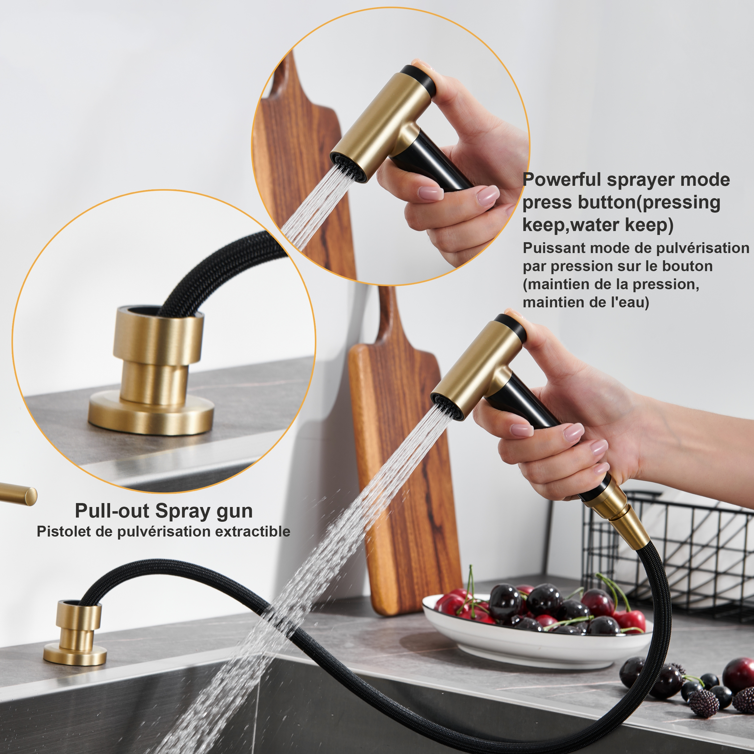 Pull-Down Bridge Kitchen Faucet with Double Handles & Bubbler Aerator