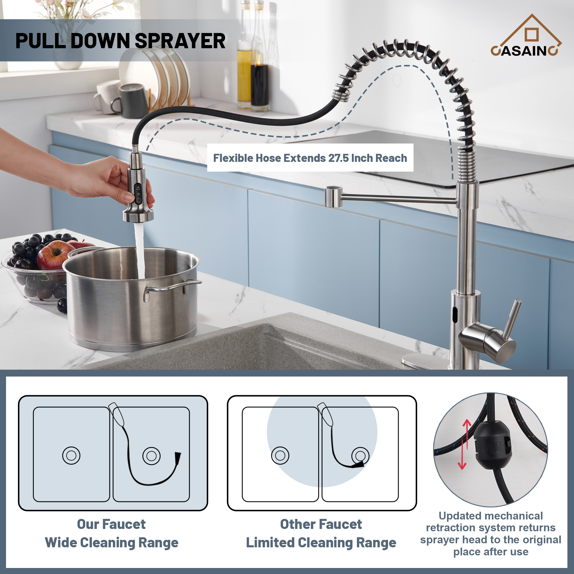 3-Mode Single Handle Pull-Down Sprayer Kitchen Faucet with Touchless Sensor and Includes Deckplate