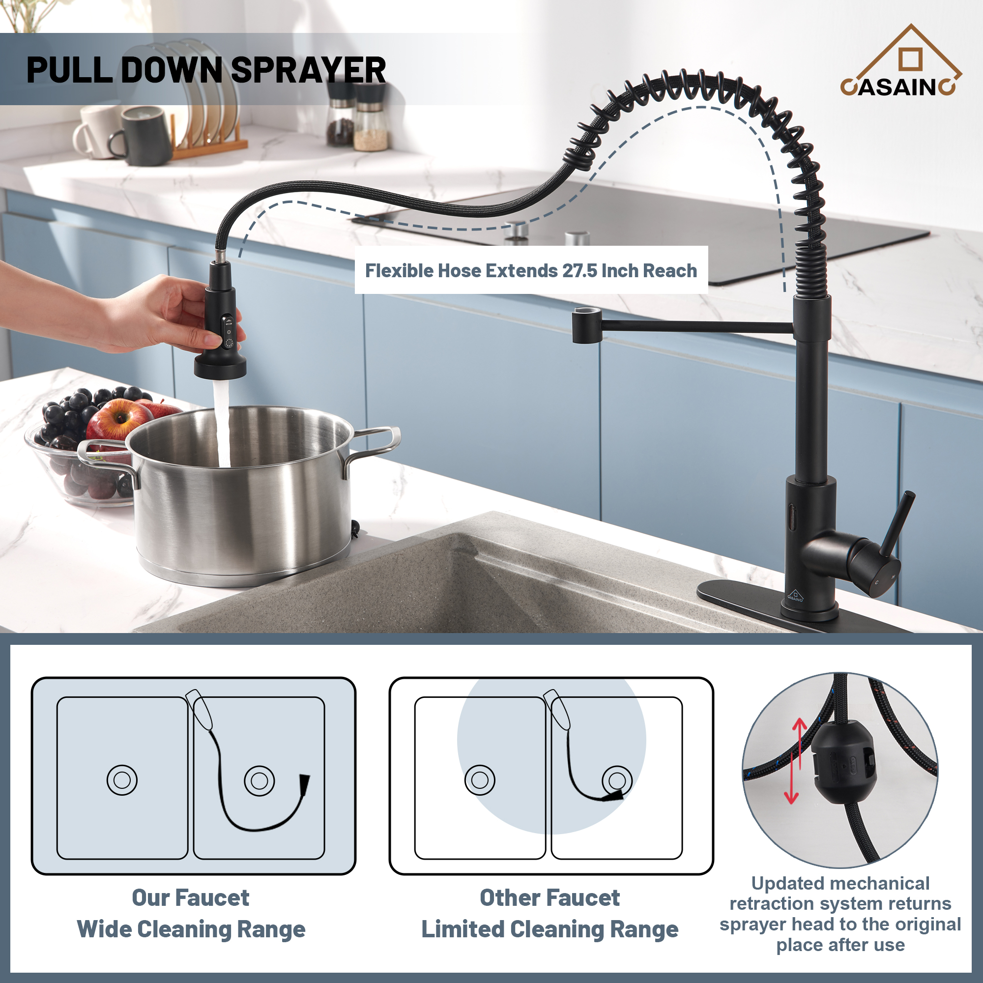 3-Mode Single Handle Pull-Down Sprayer Kitchen Faucet with Touchless Sensor and Includes Deckplate