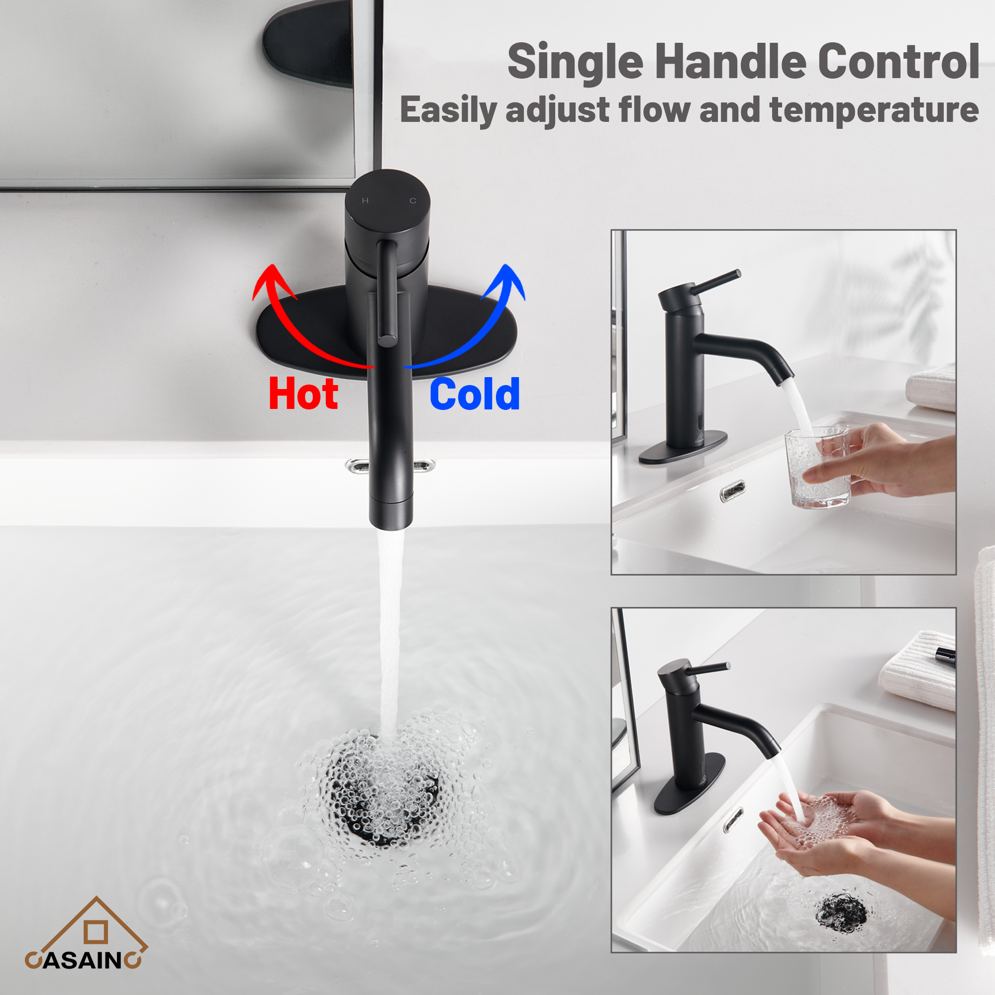 Single Handle Bathroom Basin Faucet with Pop-Up Drain, Infrared Sensor, Modern Design