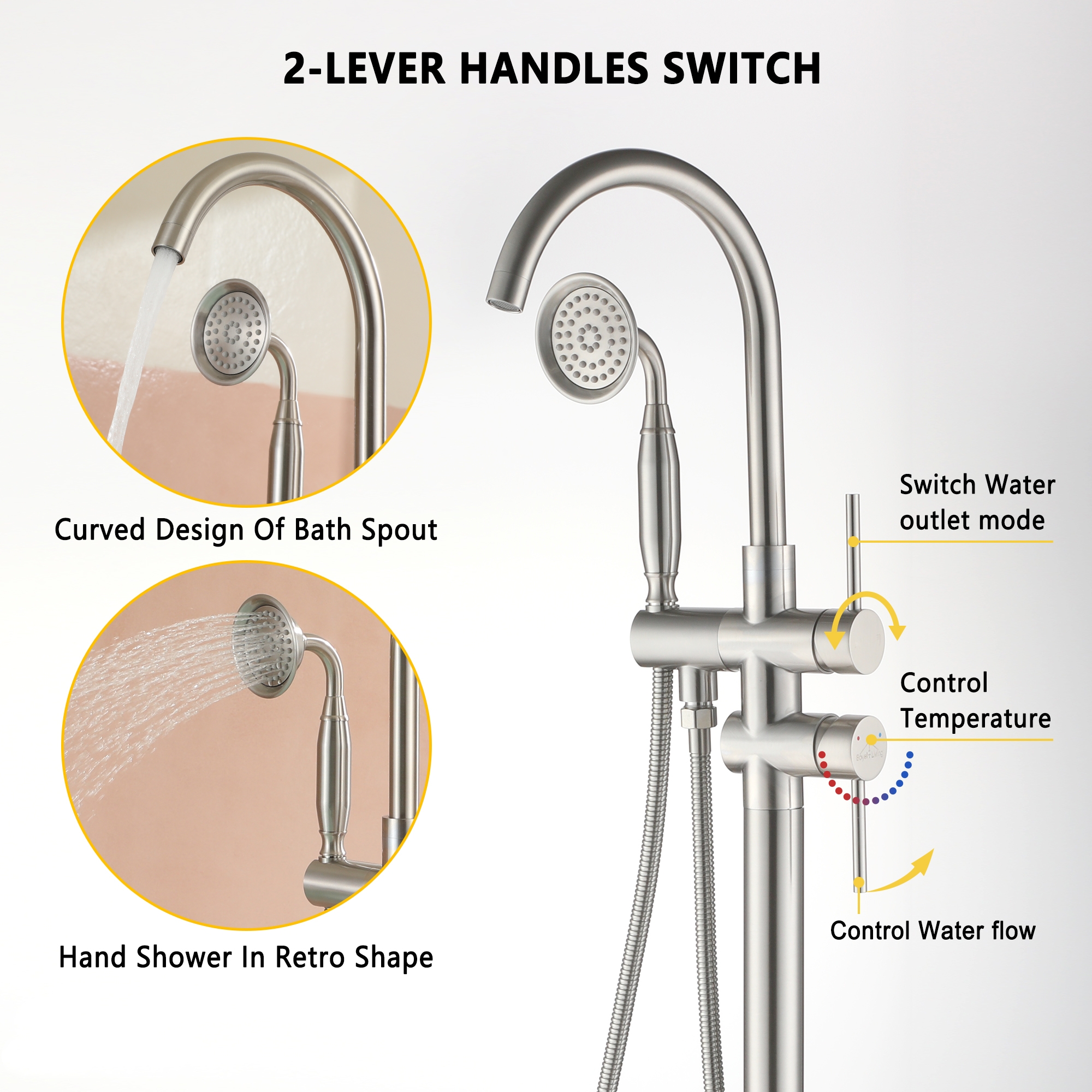 Freestanding Bathtub Faucet with Handheld Shower & Double Handles