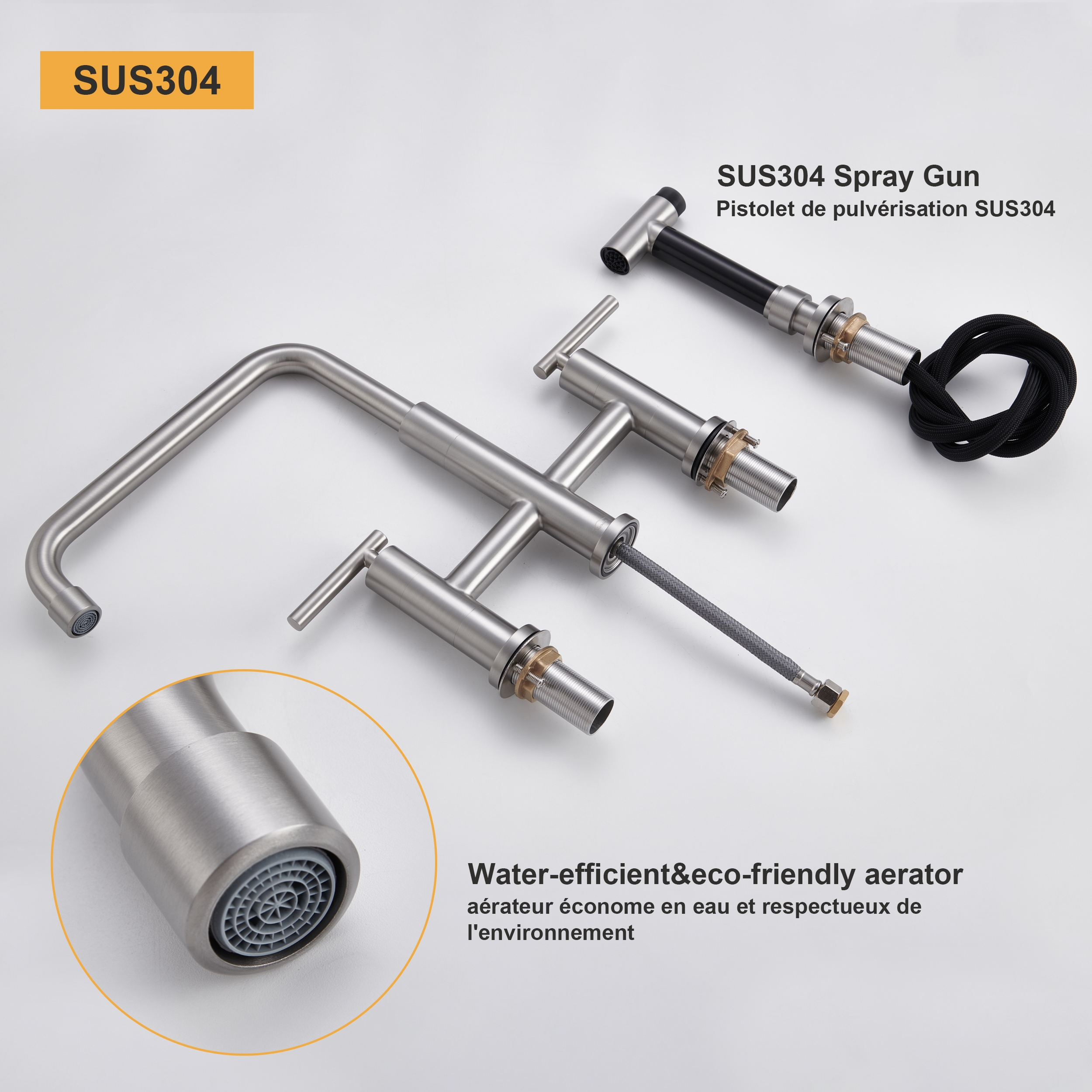 Pull-Down Bridge Kitchen Faucet with Double Handles & Bubbler Aerator