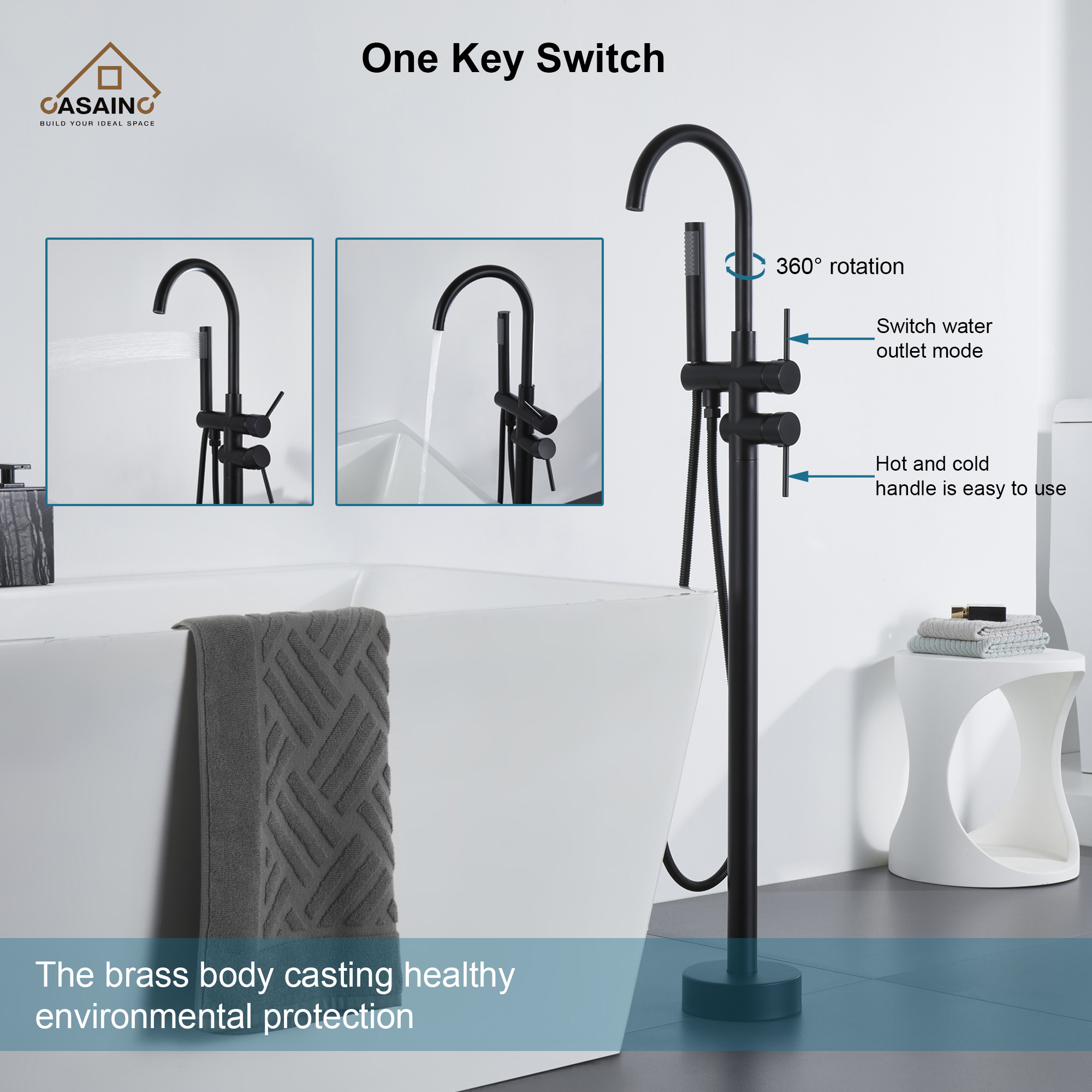CASAINC Double-Handles Floor-Mount Freestanding Tub Filler with Handshower