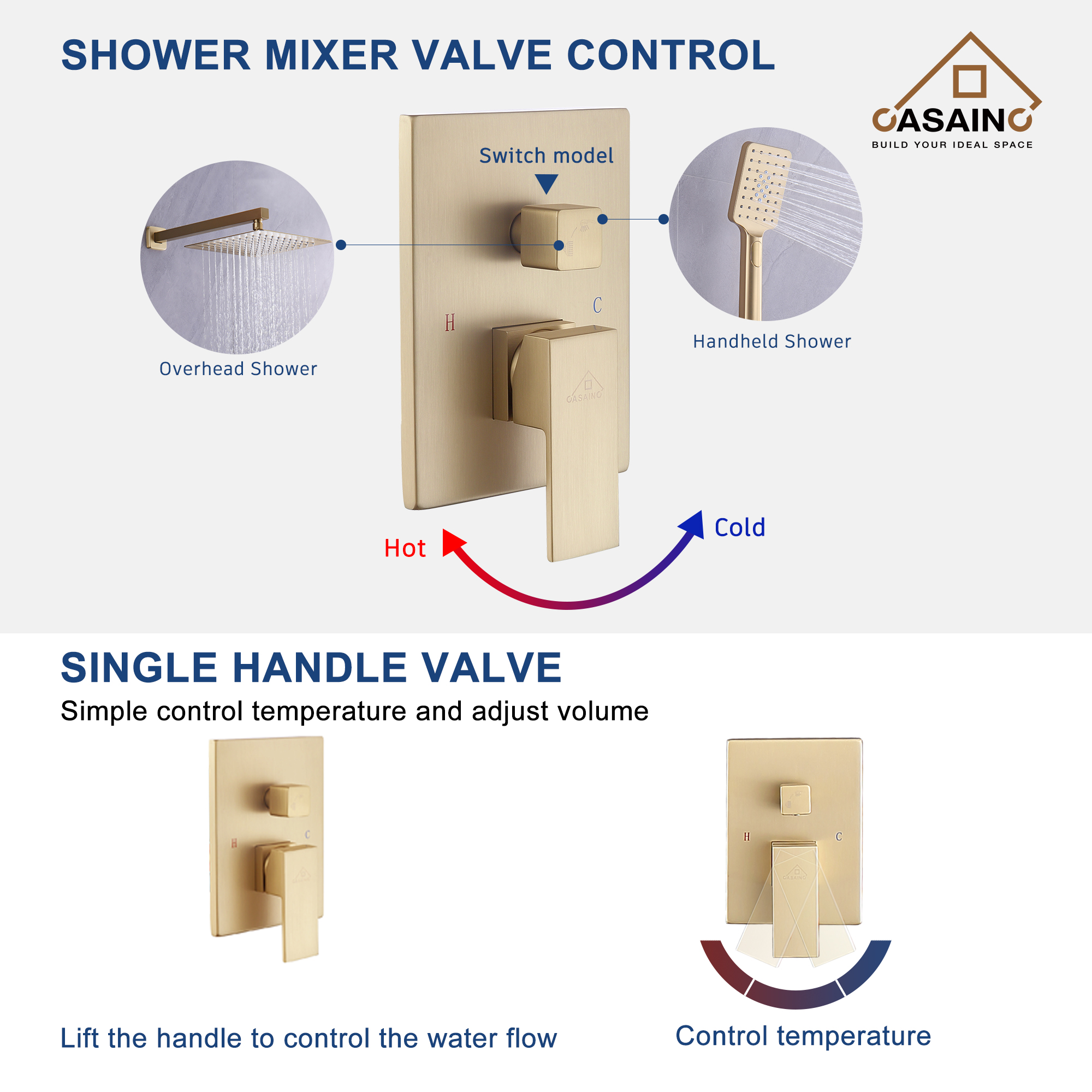 10" Brushed Gold Shower System Wall/Ceiling Mount Rain Shower System