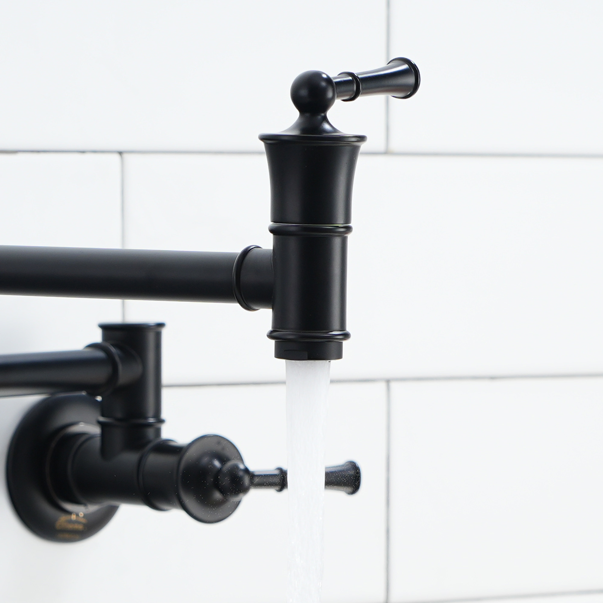 Wall-Mounted Kitchen Faucet with Dual Handles 360° Rotatable Pot Filler in Matte Black