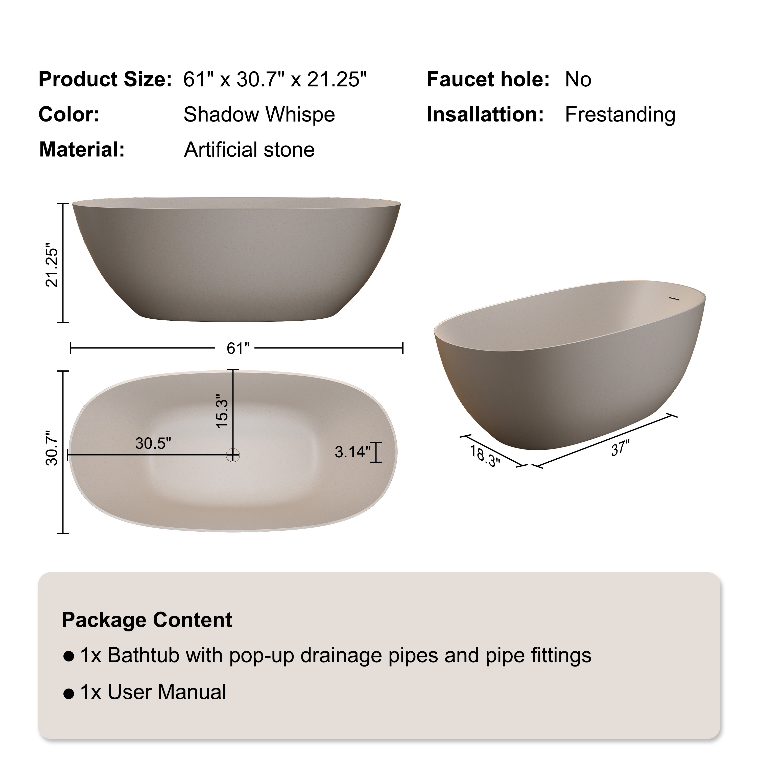 57"/61"/65"/69" Minimalist Solid Surface Freestanding Bathtub in Pine Crest and Shadow Whisper