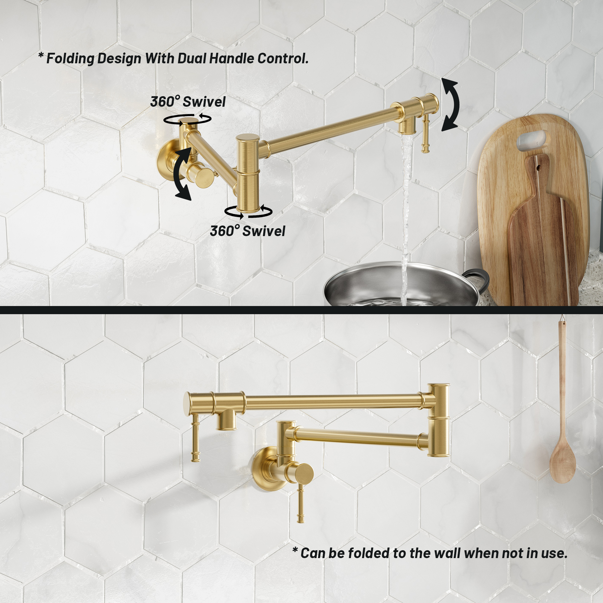 Space-Saving Wall-Mounted Pot Filler with Double Handles and Folding Design