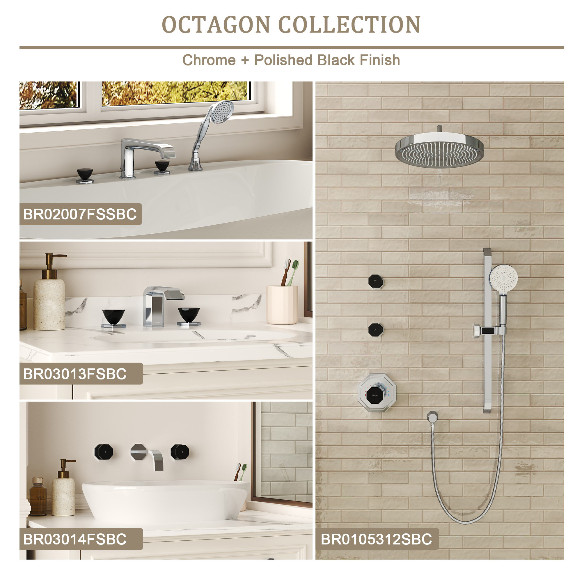Chrome & Black PVD 4-Hole Roman Tub Faucet with Hand Shower - OCTAGON