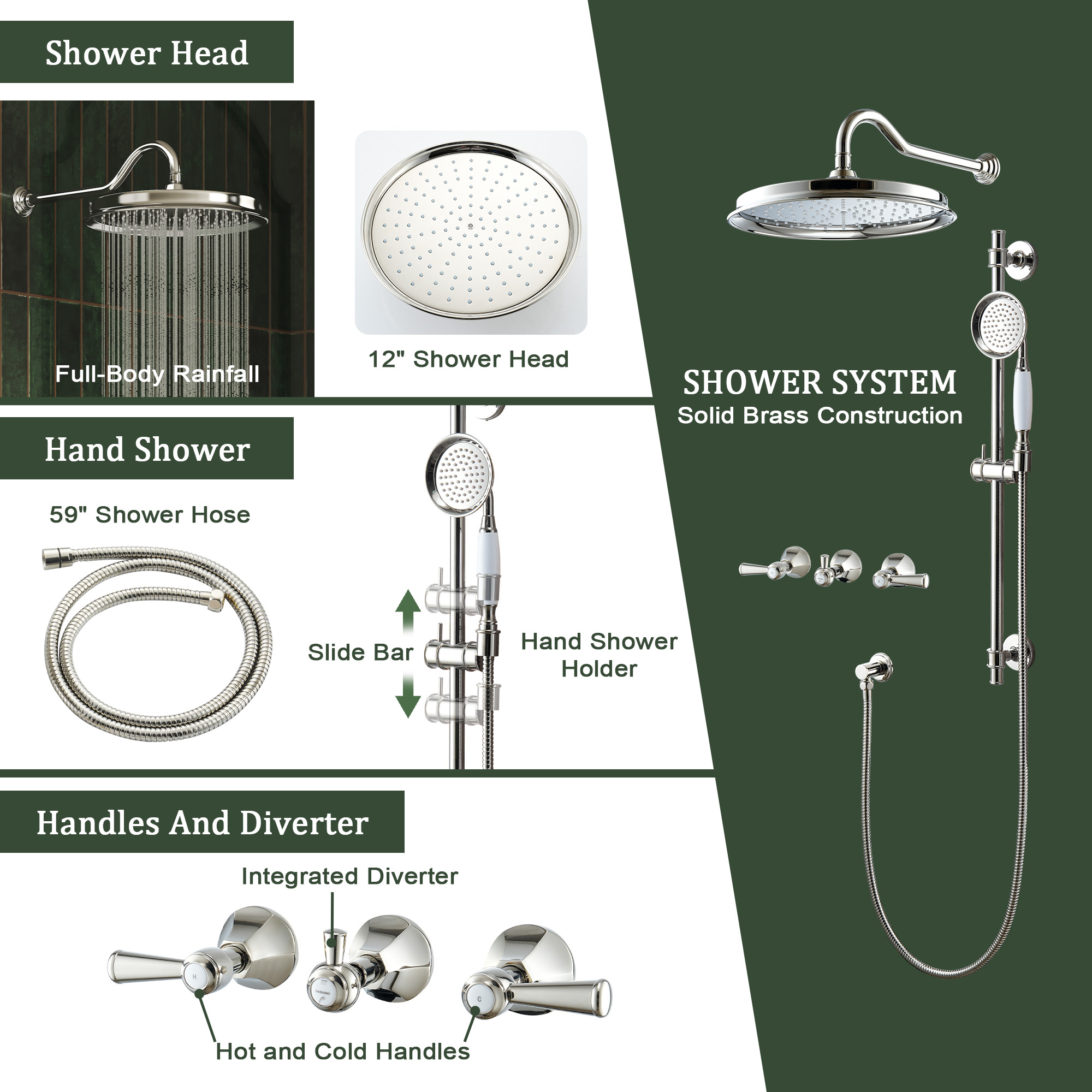 Polished Nickel 2-Function Wall Mounted Shower System with Hand Shower - HEXAGON