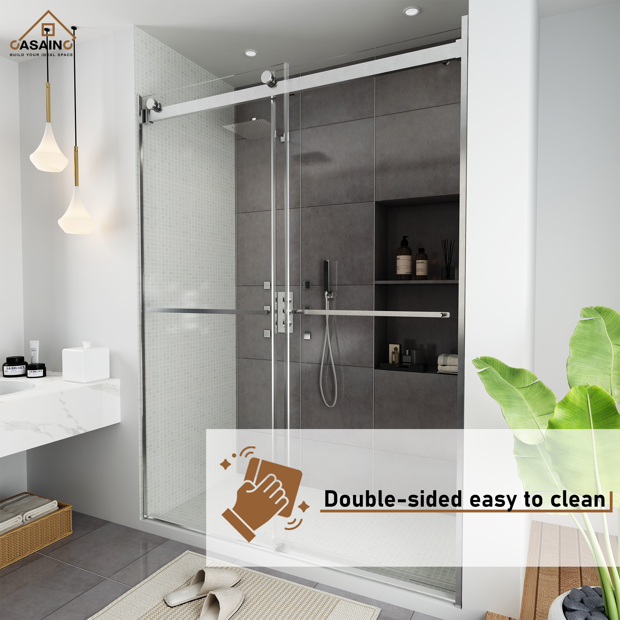 60"x76" Frameless Double Sliding Shower Door in Chrome/Brushed Nickel/Matte Black