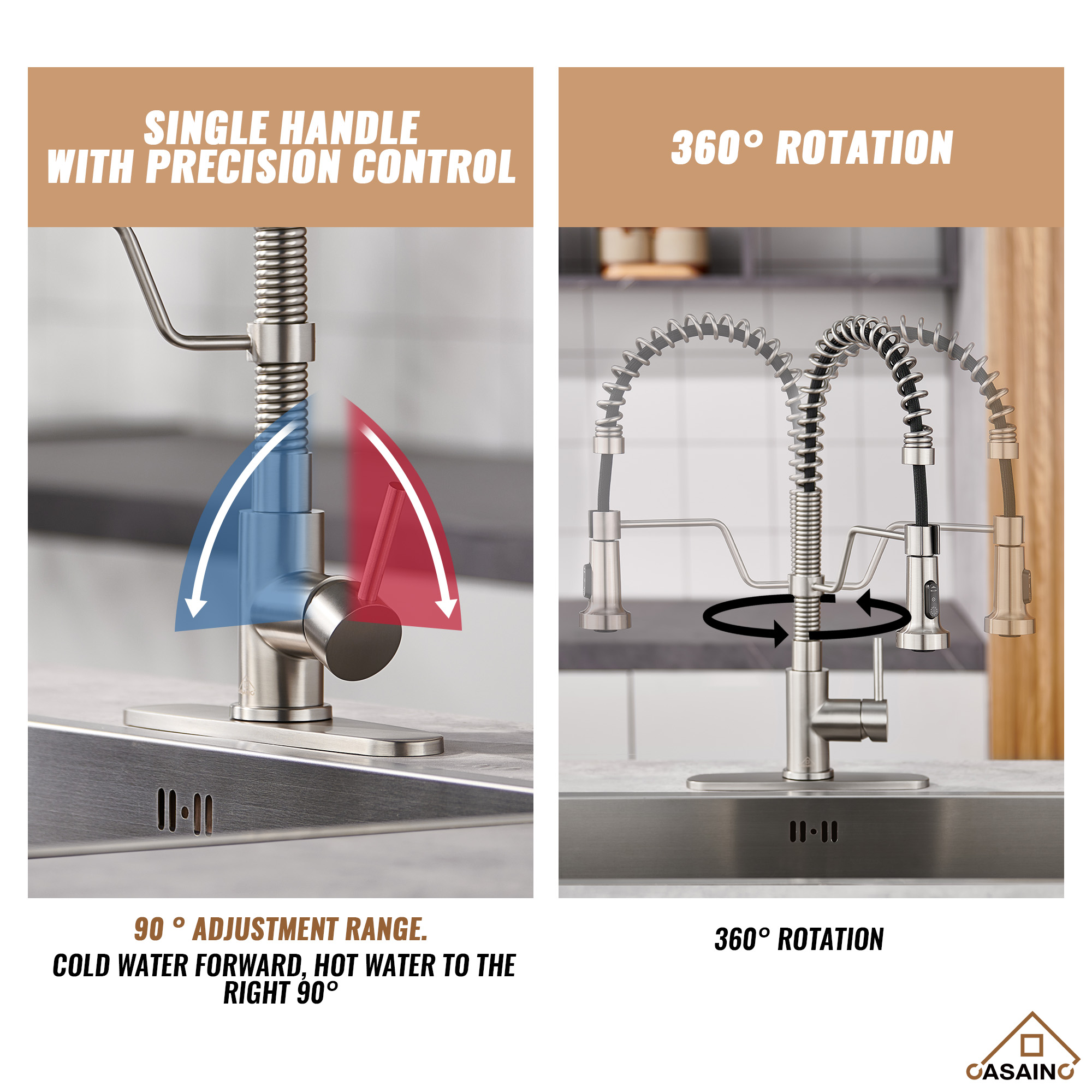 Modern Kitchen Faucet with Pull-Down Sprayer, 360° Swivel, Three Functions for Effortless Cooking and Cleaning