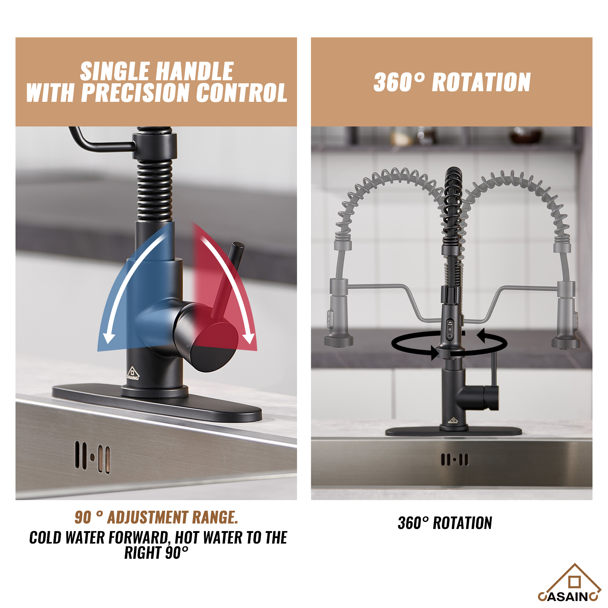 Modern Kitchen Faucet with Pull-Down Sprayer, 360° Swivel, Three Functions for Effortless Cooking and Cleaning