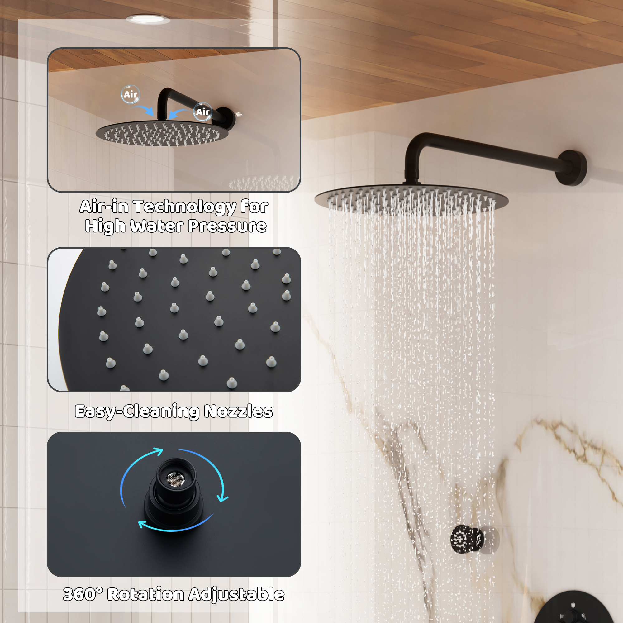 12" Round Rainfall Shower System with 6 Adjustable Body Jets