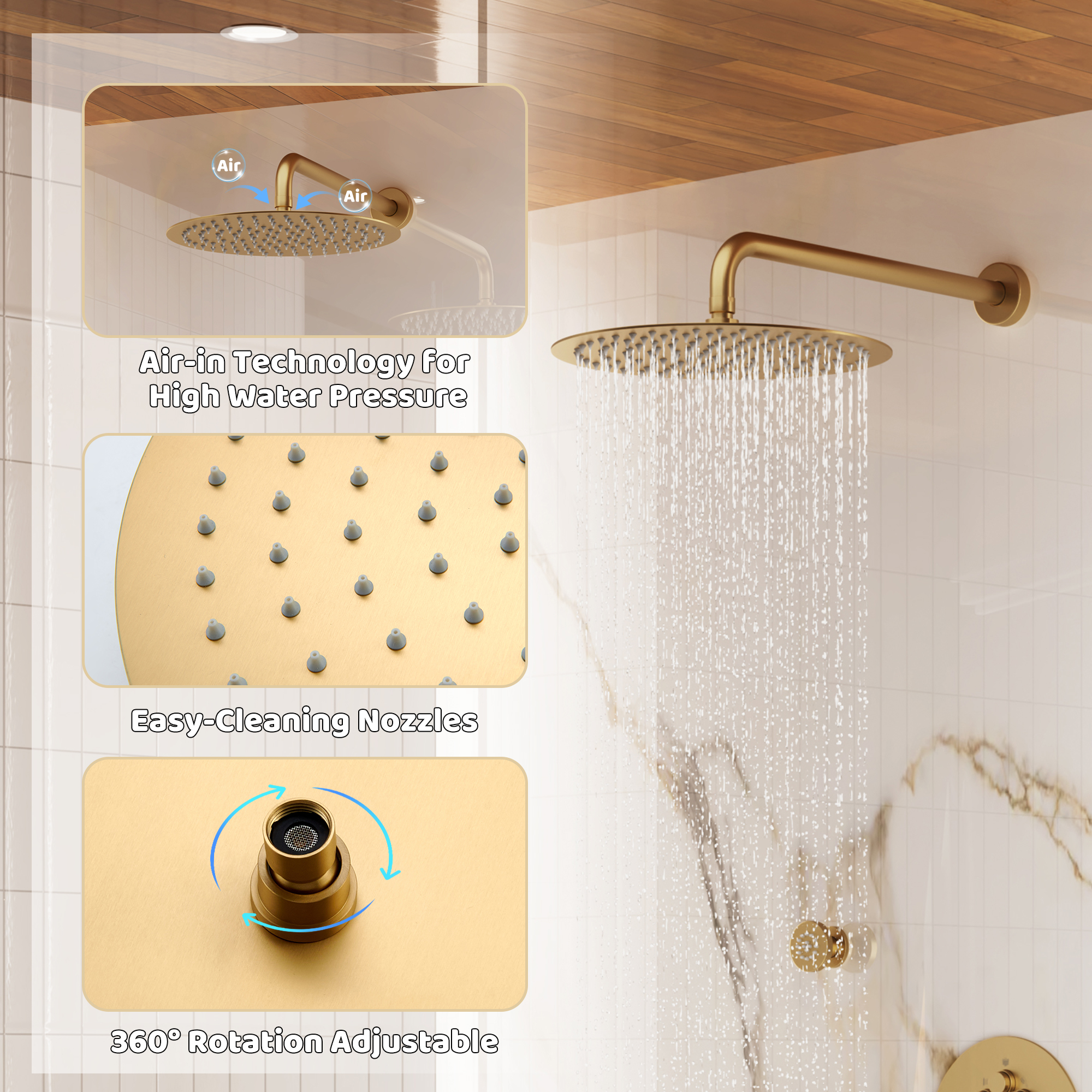 12" Round Rainfall Shower System with 6 Adjustable Body Jets