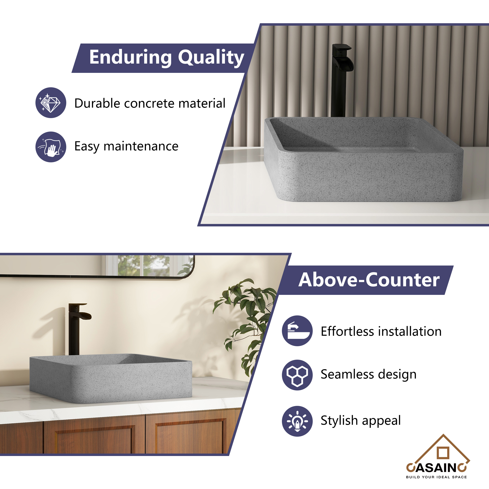 15in Bathroom Concrete Square Vessel Sink with Drainer in Mottled Bluish Grey / Cold Concrete Grey / Taupe Clay