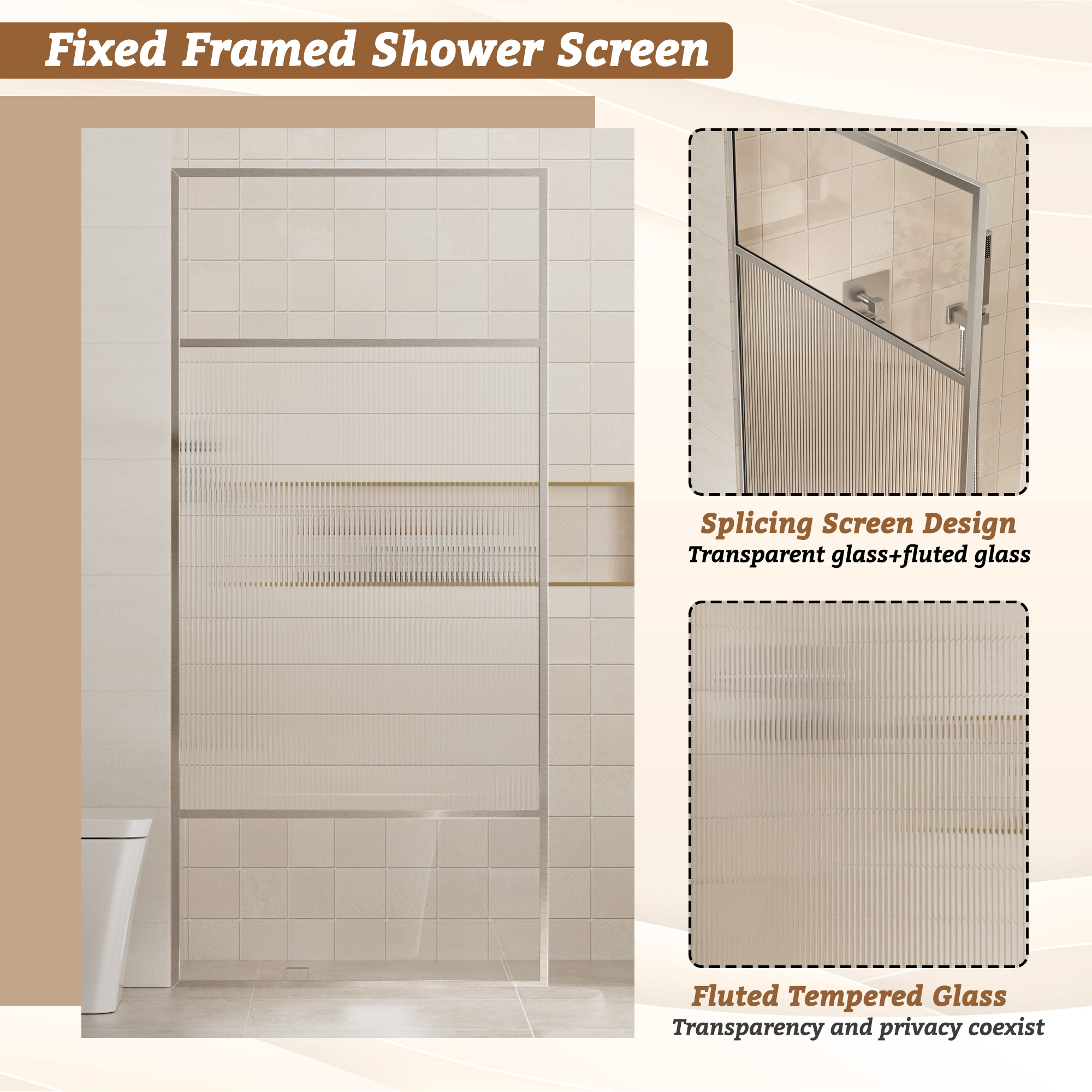 34"x74" Glass Shower Spliced Screen Panel with 304 Stainless Steel Hardware