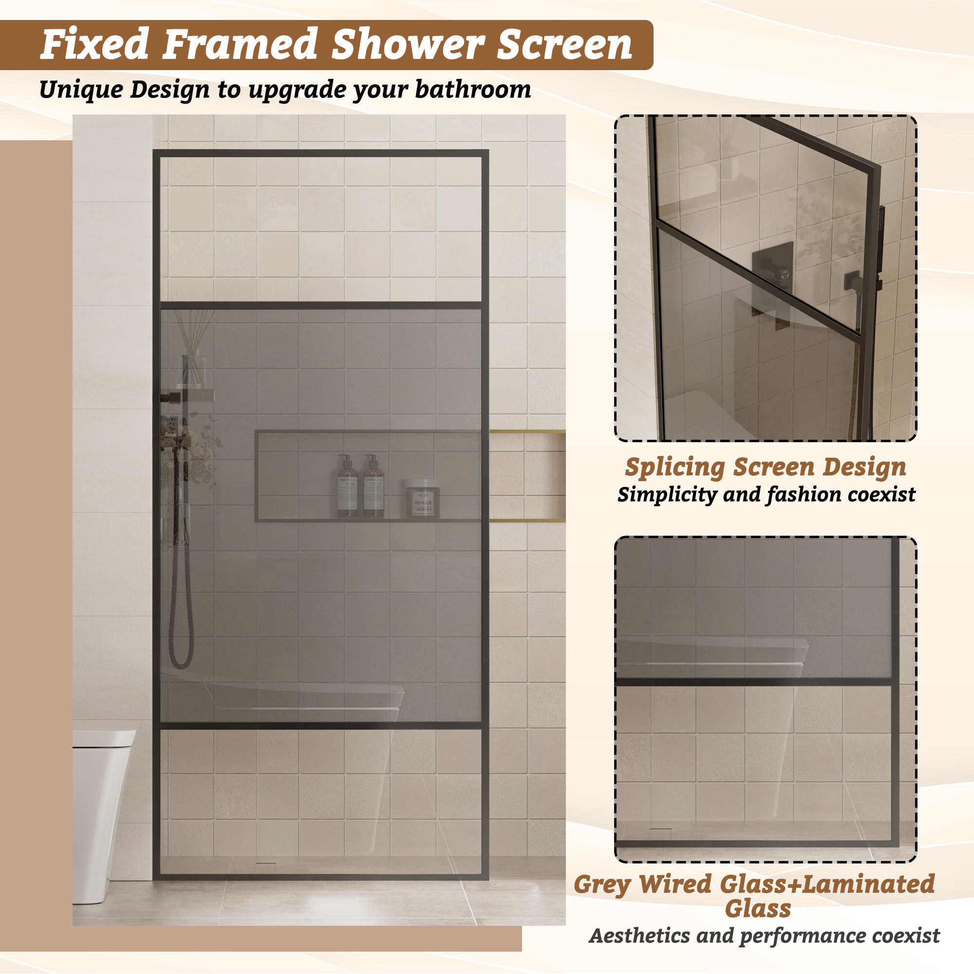 34"x74" Glass Shower Spliced Screen Panel with 304 Stainless Steel Hardware