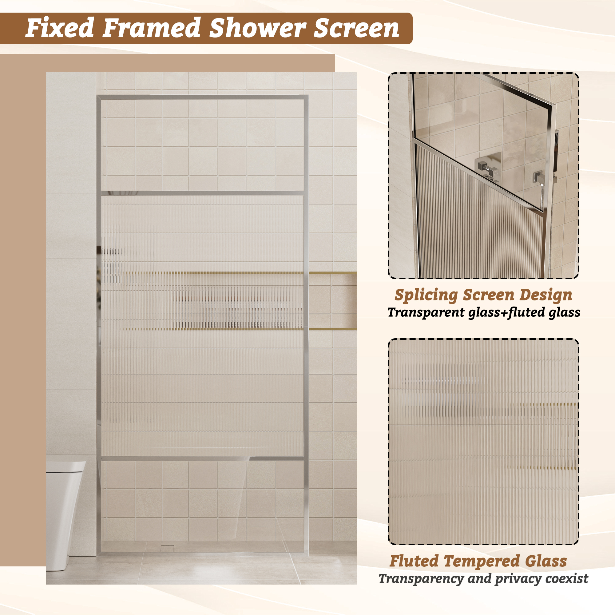 34"x74" Glass Shower Spliced Screen Panel with 304 Stainless Steel Hardware