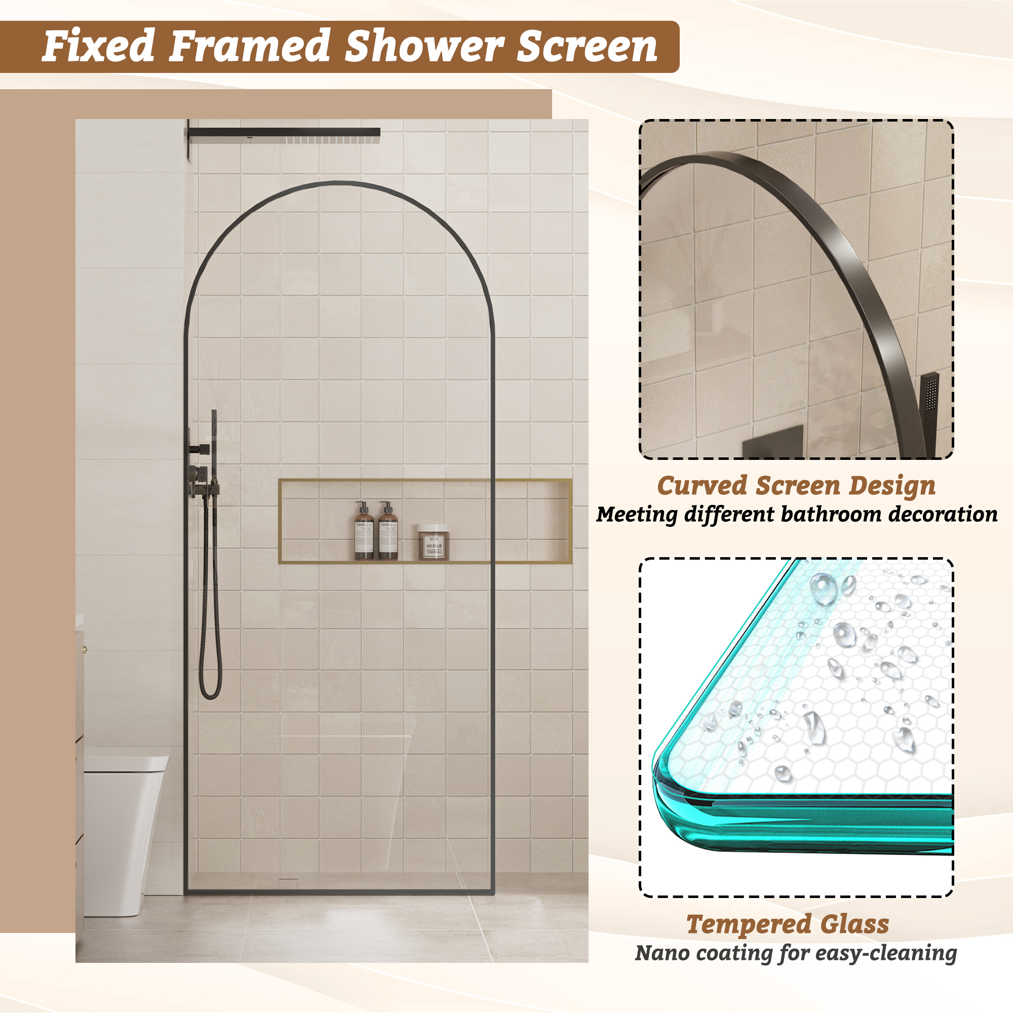 34"x78" Tempered Glass Shower Screen with Integrated Curved Frame