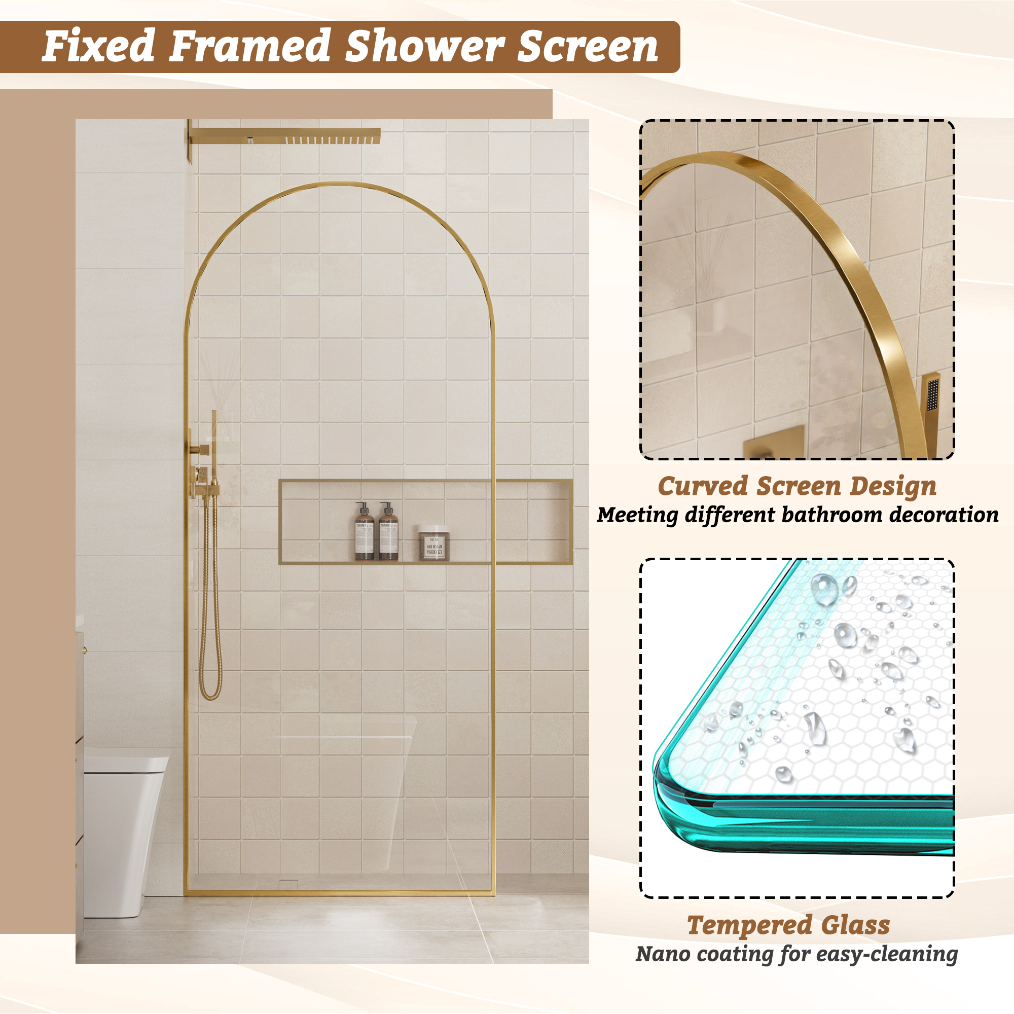 34"x78" Tempered Glass Shower Screen with Integrated Curved Frame