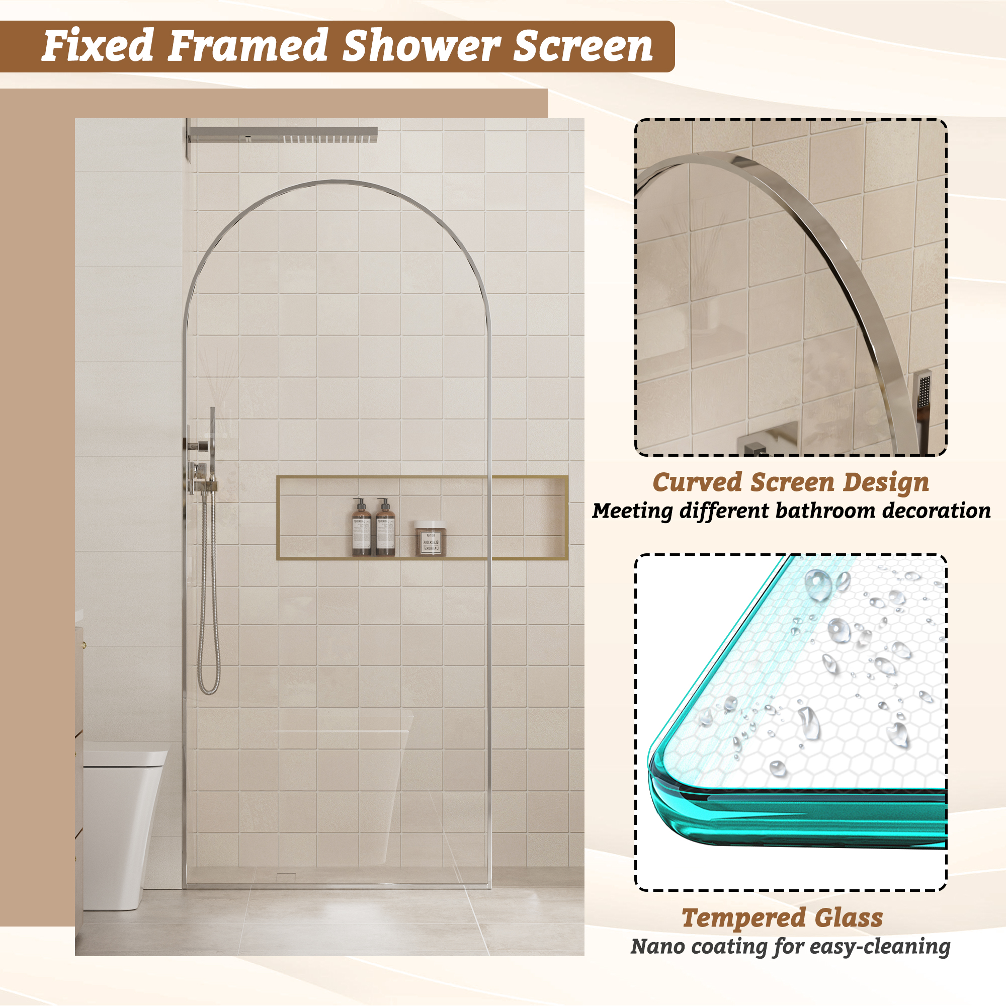 34"x78" Tempered Glass Shower Screen with Integrated Curved Frame