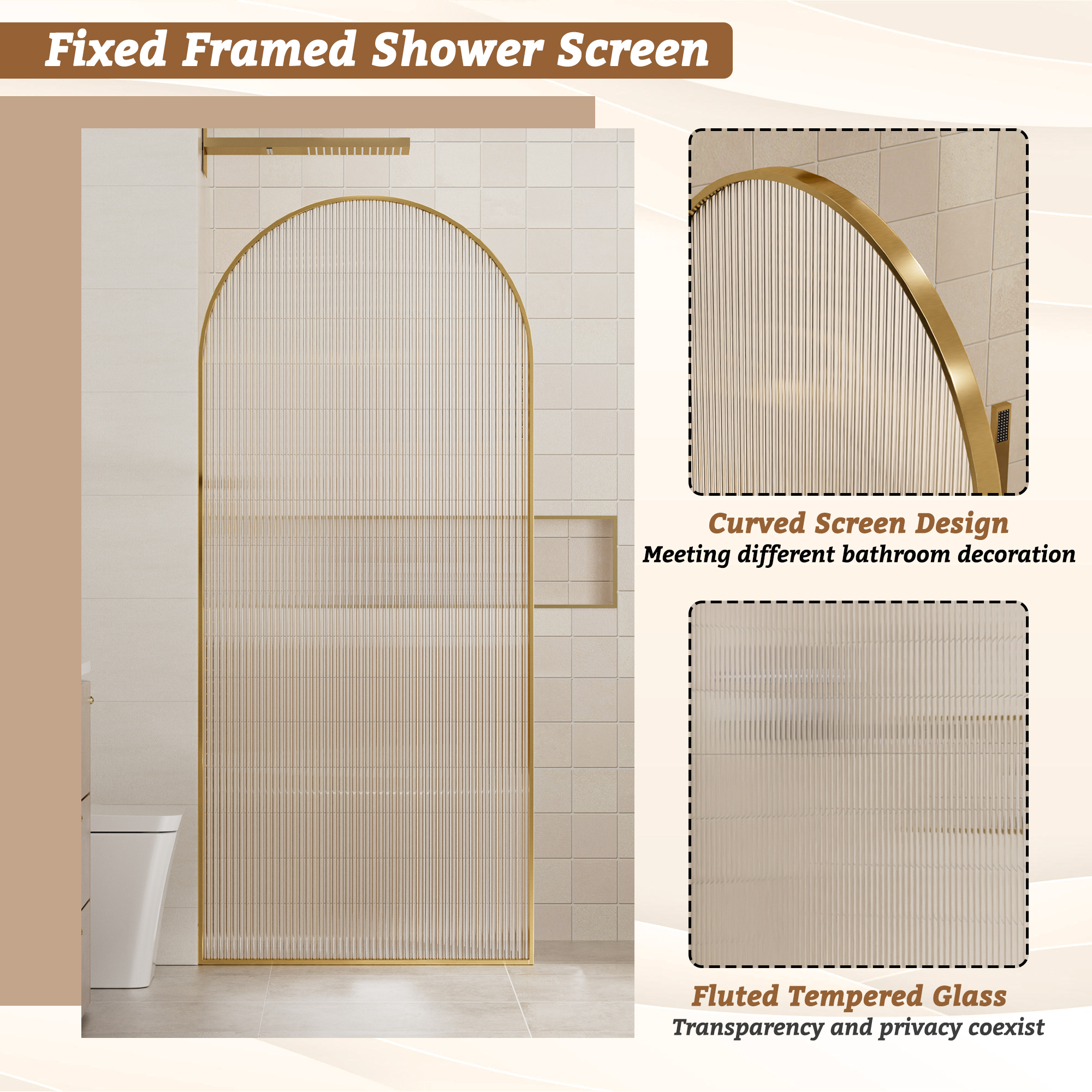 34"x78" Curved Frosted Glass Shower Screen with 10mm SGCC-Certified Tempered Glass