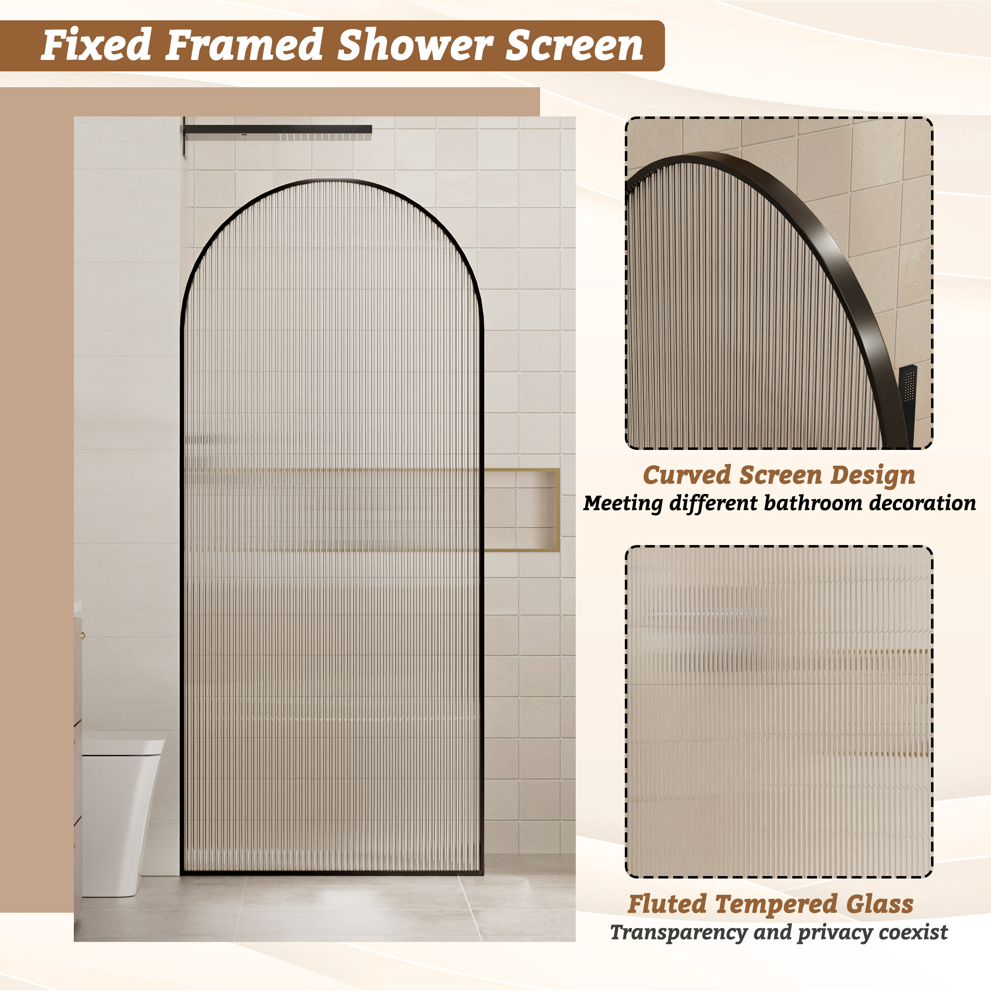 34"x78" Curved Frosted Glass Shower Screen with 10mm SGCC-Certified Tempered Glass